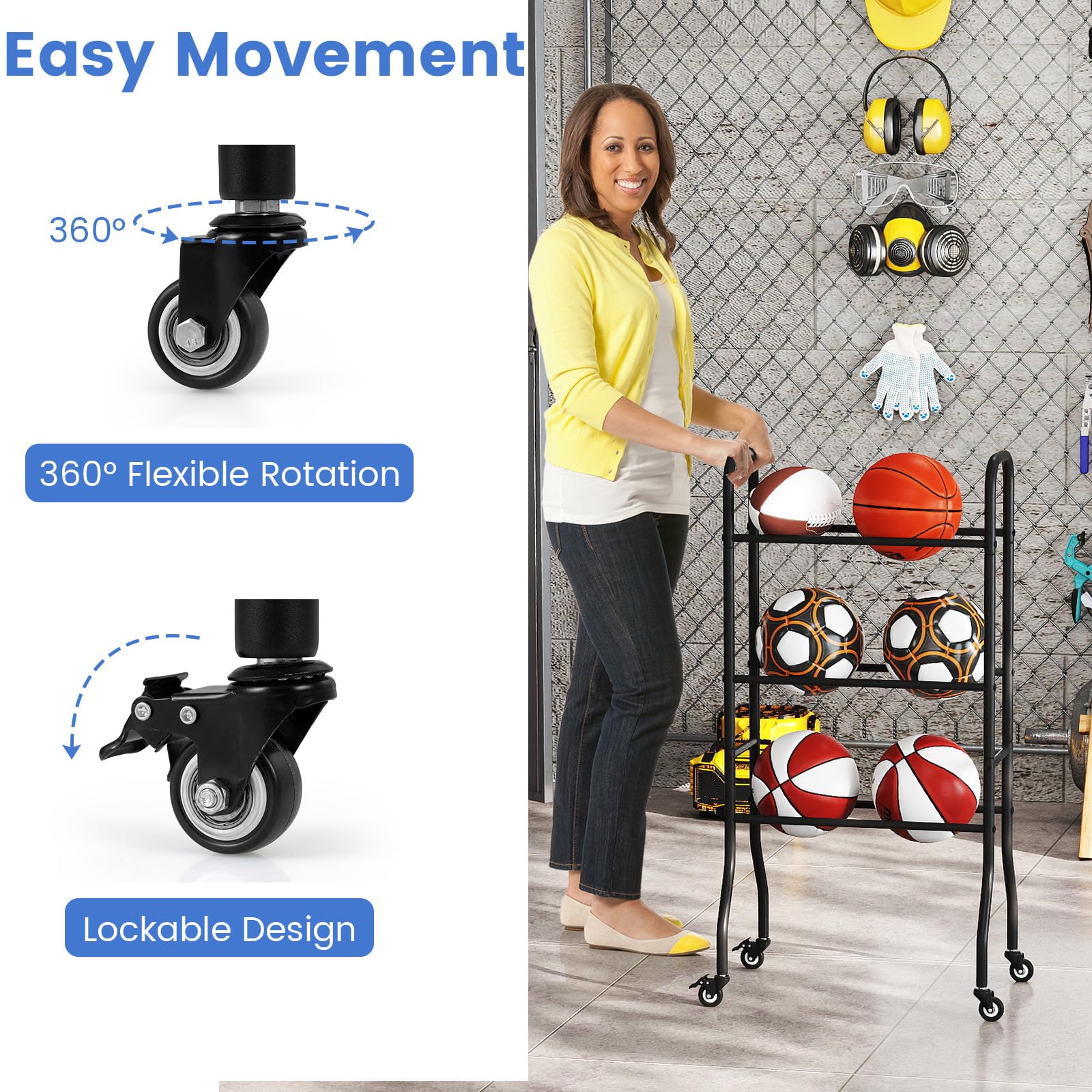 LIFEZEAL Soporte para balones de baloncesto, fútbol, voleibol, baloncesto, con ruedas, estante de 3 niveles para herramientas deportivas, estante de almacenamiento, soporte para gimnasio, casa, garaje