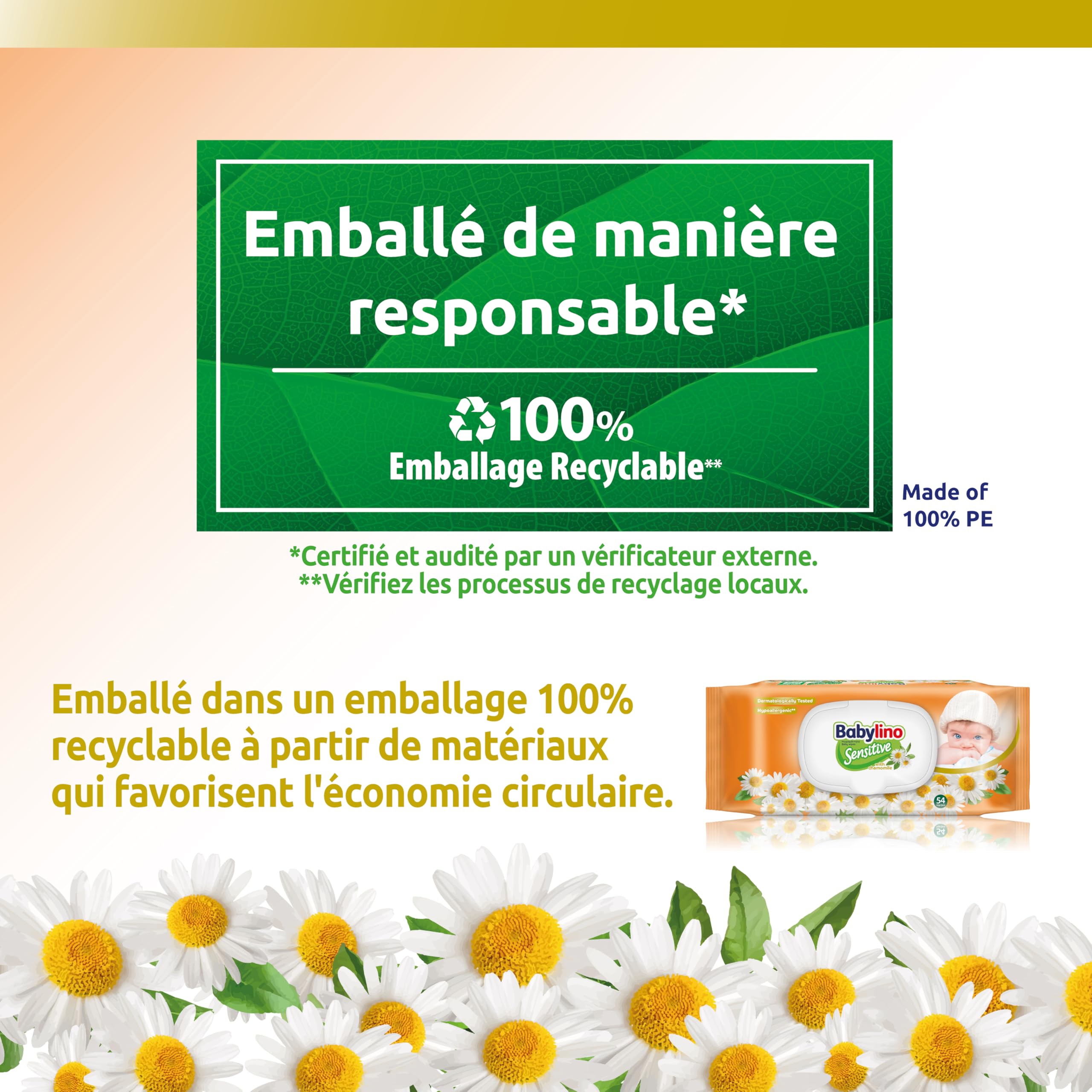 Babylino Sensitive Lingettes au délicat parfum de Camomille, Formule 98% Naturelle qui restaure le pH naturel de la peau, 3 paquets avec capot refermable, 162 lingettes