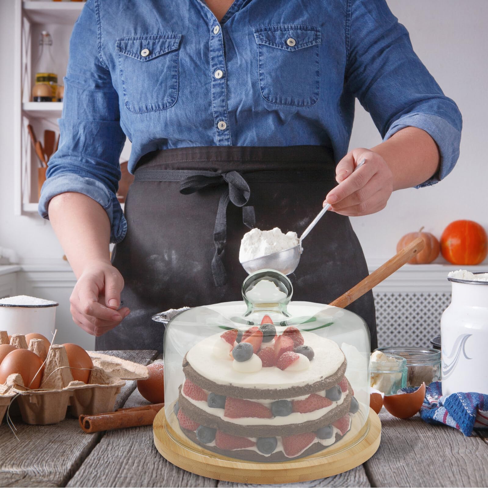 Housoutil 1 Set, Cloche à Gâteau en Verre avec Plateau, Khaki, Bois