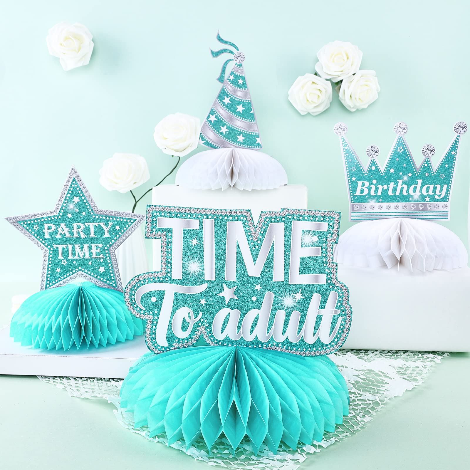 Cheereveal 18th Birthday Decorations for Girls Teal, 8 PCS 18th Birthday Honeycomb Centerpieces, Happy 18 Birthday Table Centerpiece Table Toppers for Girls Eighteen Years Old Party Table Decorations
