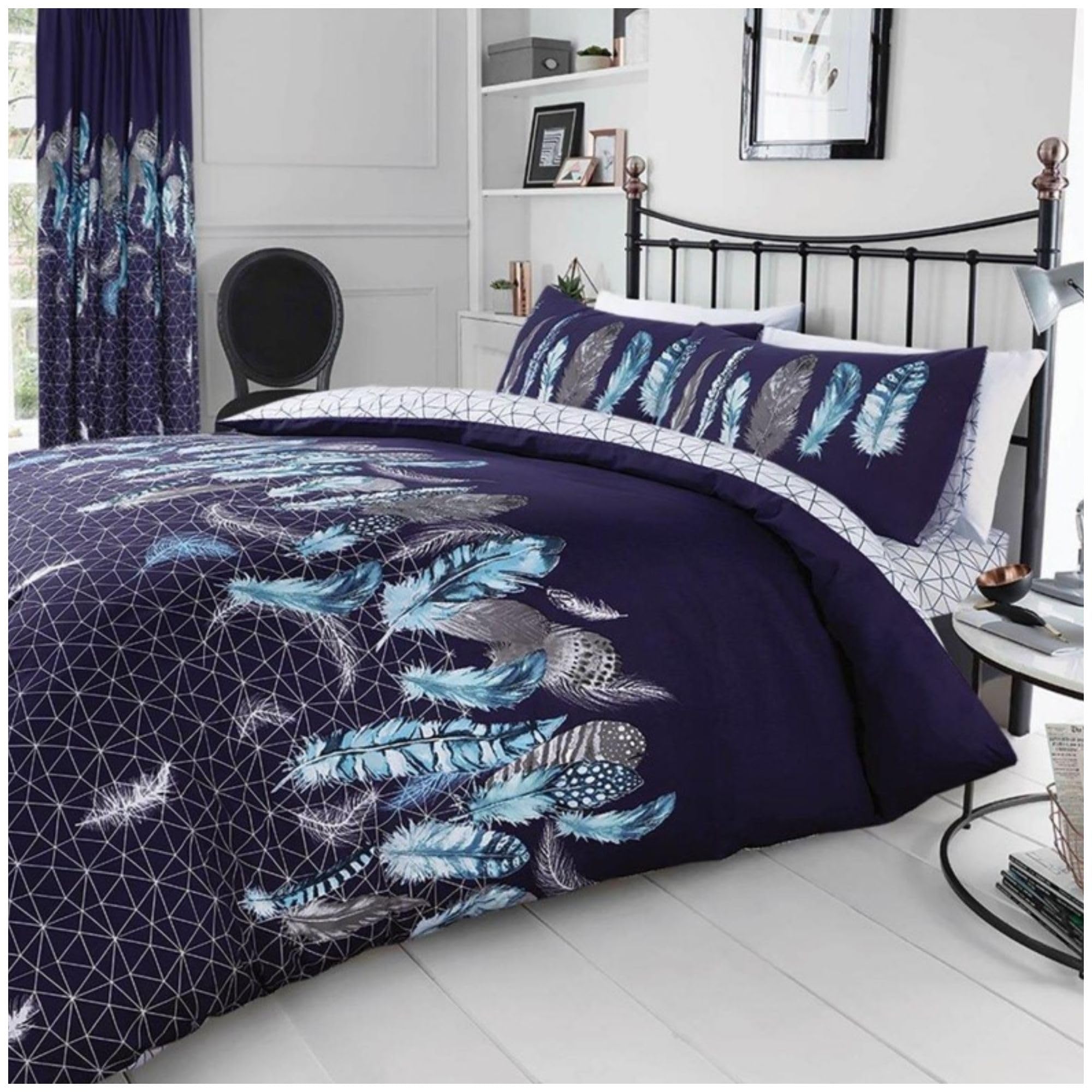 VELVETIO Easy Care Feathers - Double Size Duvet Covers with Matching Pillowcases, Comfy Reversible Geometric Bedding Set, Soft Poly cotton Bed Linen Hypoallergenic, Navy