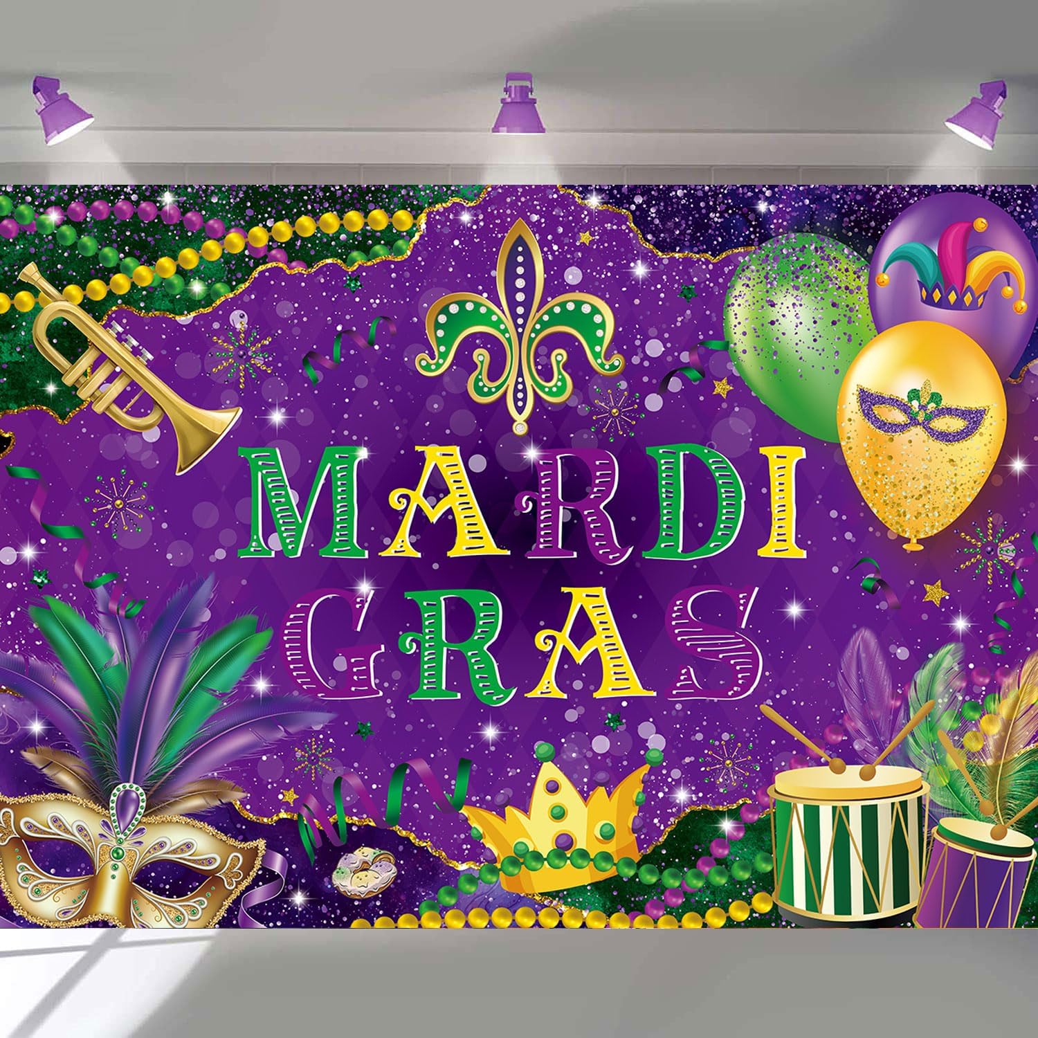 Mardi Gras Backdrop Carnival Masquerade Photography Backdrop Purple Green Gold Mask Beads Banner for Mardi Gras Festival Dress-up Birthday Party Decorations Supplies (8x6FT: 96x72 inch)