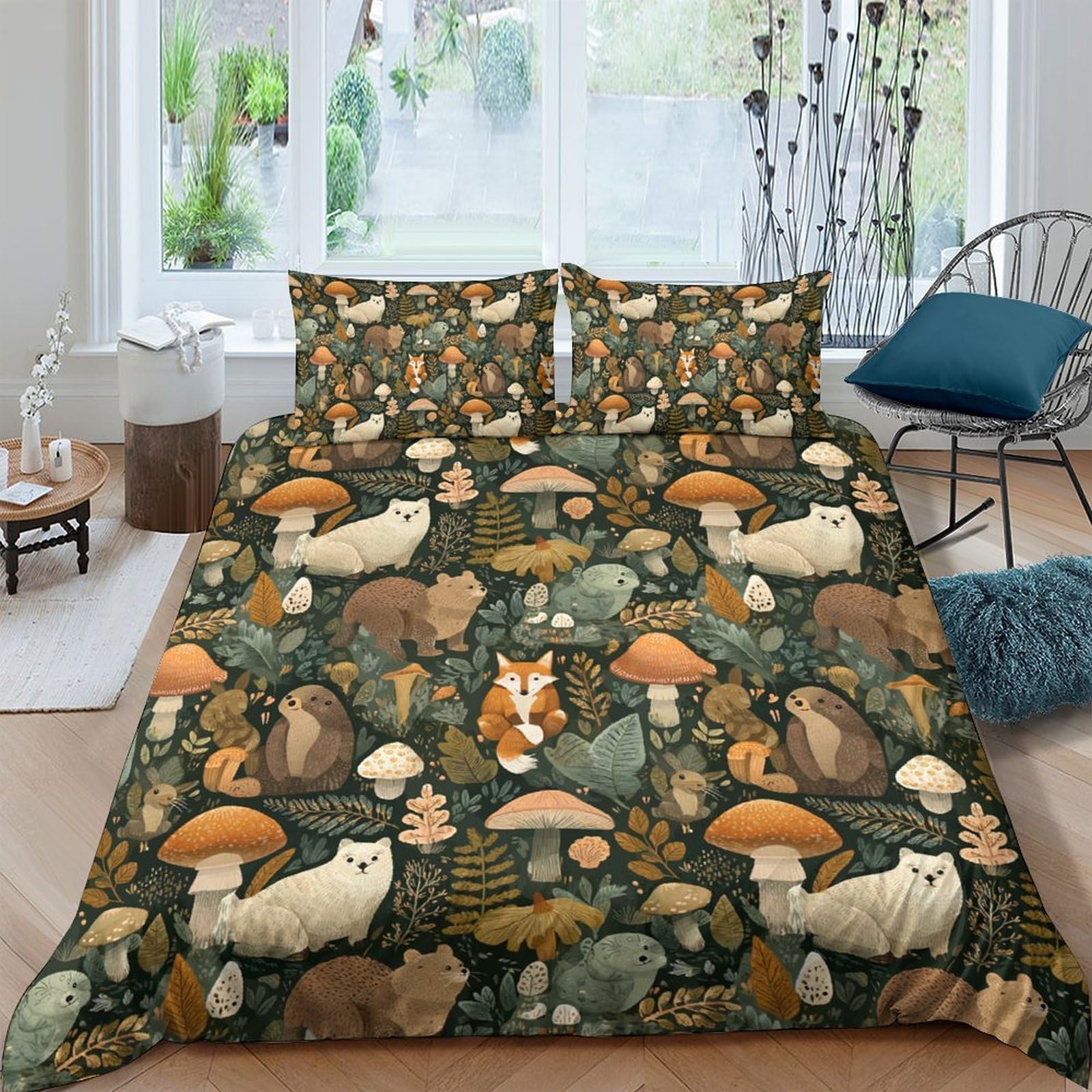 GPLZQXKJNH 3D Printed Forest Cat Mushroom Duvet Cover Microfiber Bedding Set Soft Breathable Woodland Animal Quilt Cover for Bedroom Single（135x200cm）