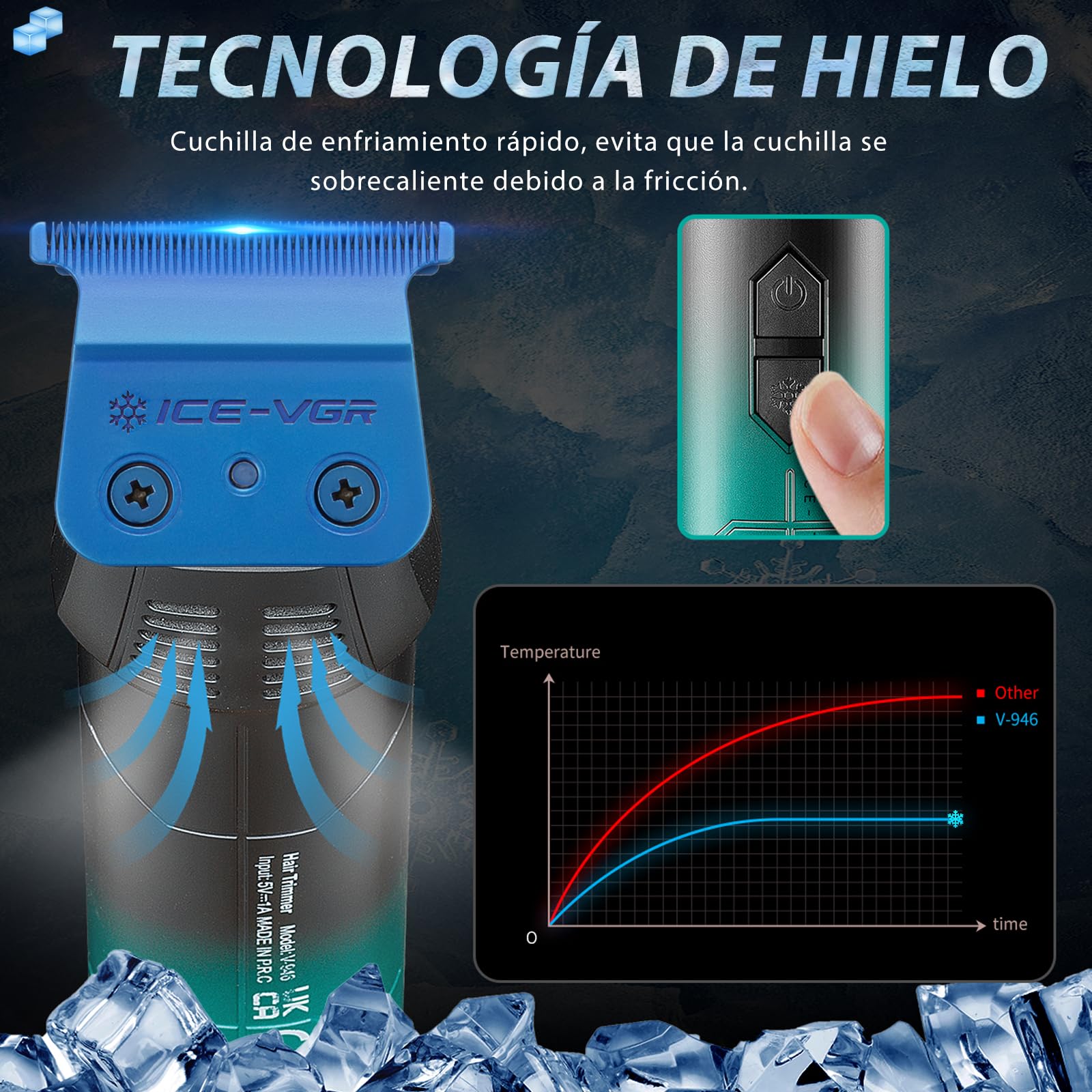 VGR 946 Maquina de Cortar Pelo Hombre, Función de Refrigeración | Inalámbrica Maquina Cortar Pelo Hombre Conhoja de Metalurgia de Polvo Cerámico Azul, Motor 8000 RPM, Pantalla LED