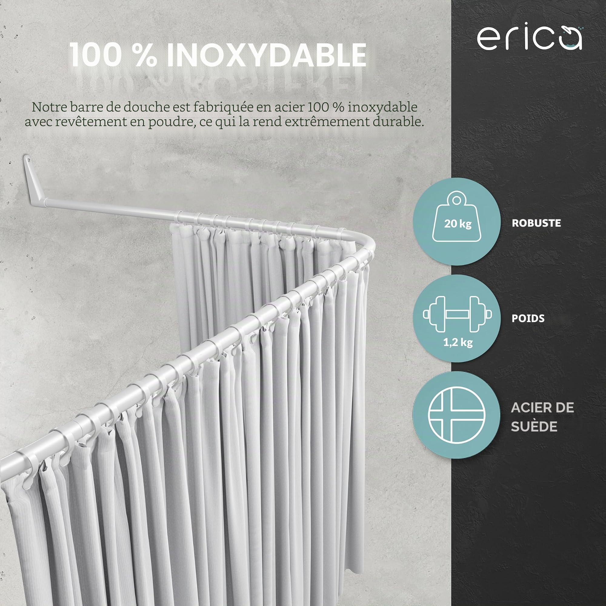 Erica Tringles de Rideau de Douche en U - 85x95x85 cm, Barre de Rideau de Douche Murale sans Fixation au Plafond - Revêtement Plastique sans PVC, Tringle de Douche 100% Inoxydable. Blanc.