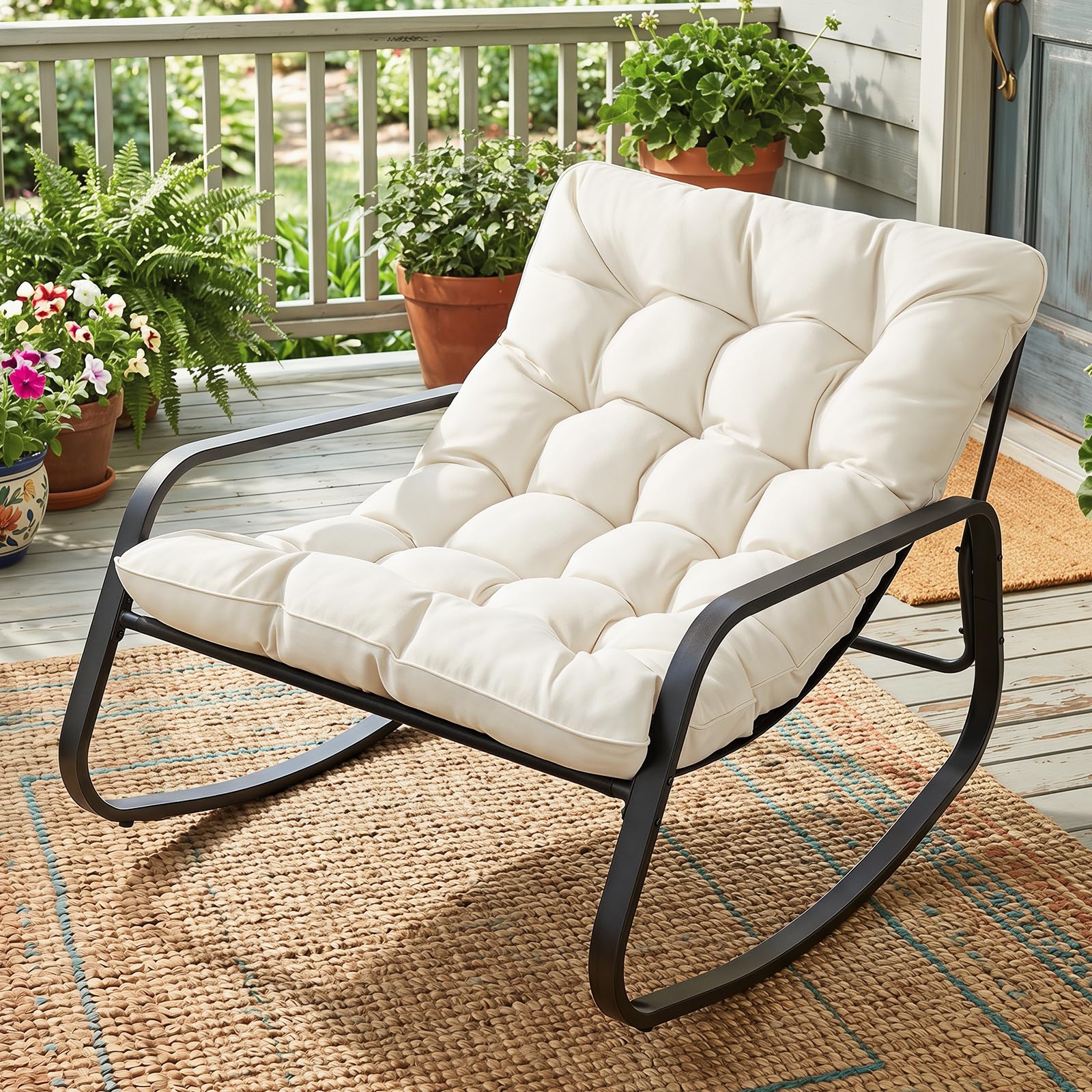 COSTWAY Fauteuil à Bascule Exterieur, Charge 205 kg, Fauteuil de Jardin Papasan en Métal, Coussin Amovible&Épais 13 cm, Base Antidérapante, Rocking Chair pour Salon Balcon, 120 x 91 x 78 cm (Beige)