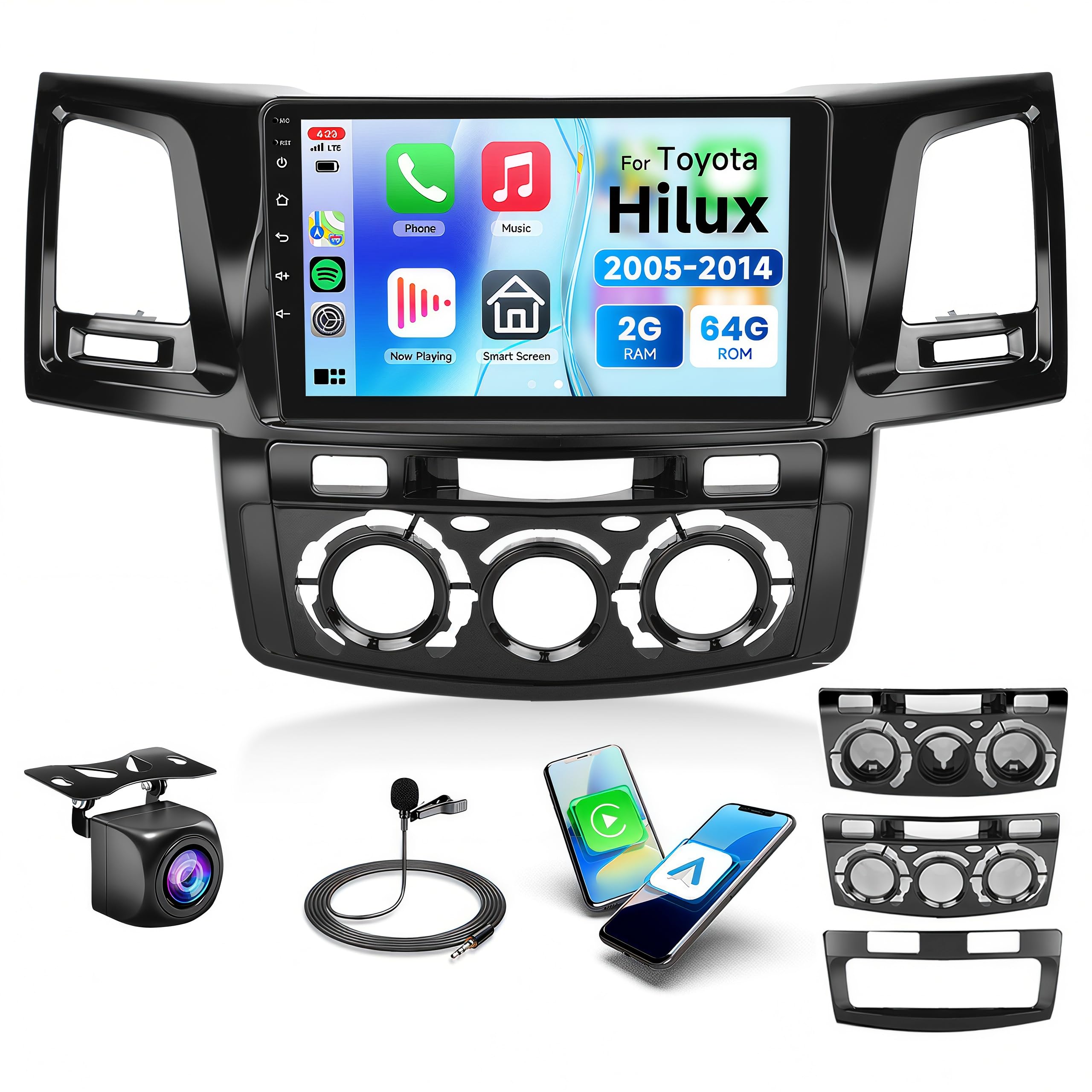 2G+64G Car Radio Stereo with HiFi Audio for Toyota Hilux 2005-2014, Wireless CarPlay/Android Auto 9 Inch HD Touch Screen Android 13 GPS WiFi Bluetooth FM/RDS EQ HD Backup Camera