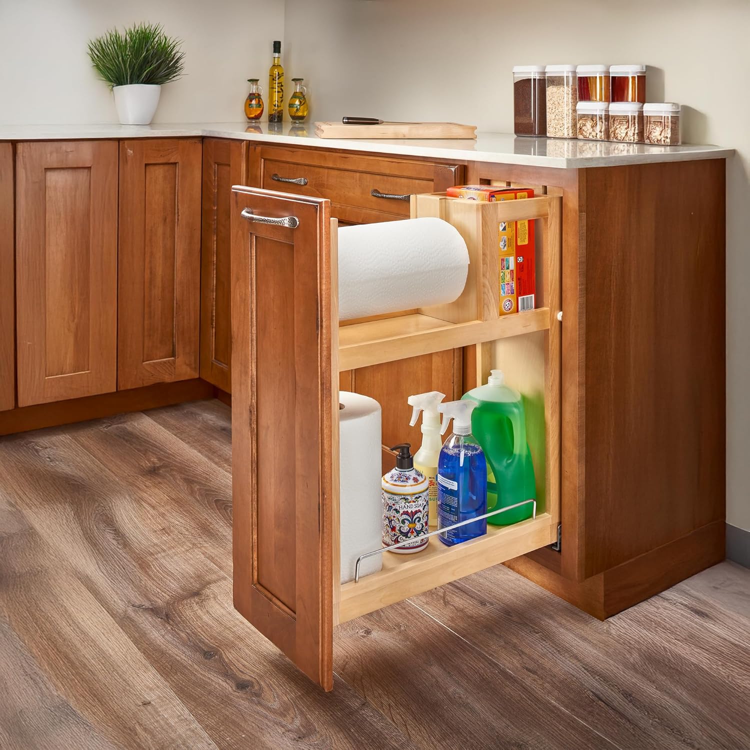 Rev-A-Shelf 8.75" Paper Towel Pullout Organizer, Wood Base Kitchen Cabinet Storage with Soft-Close Full Extension Slides, 448PTH-BCSC-8C