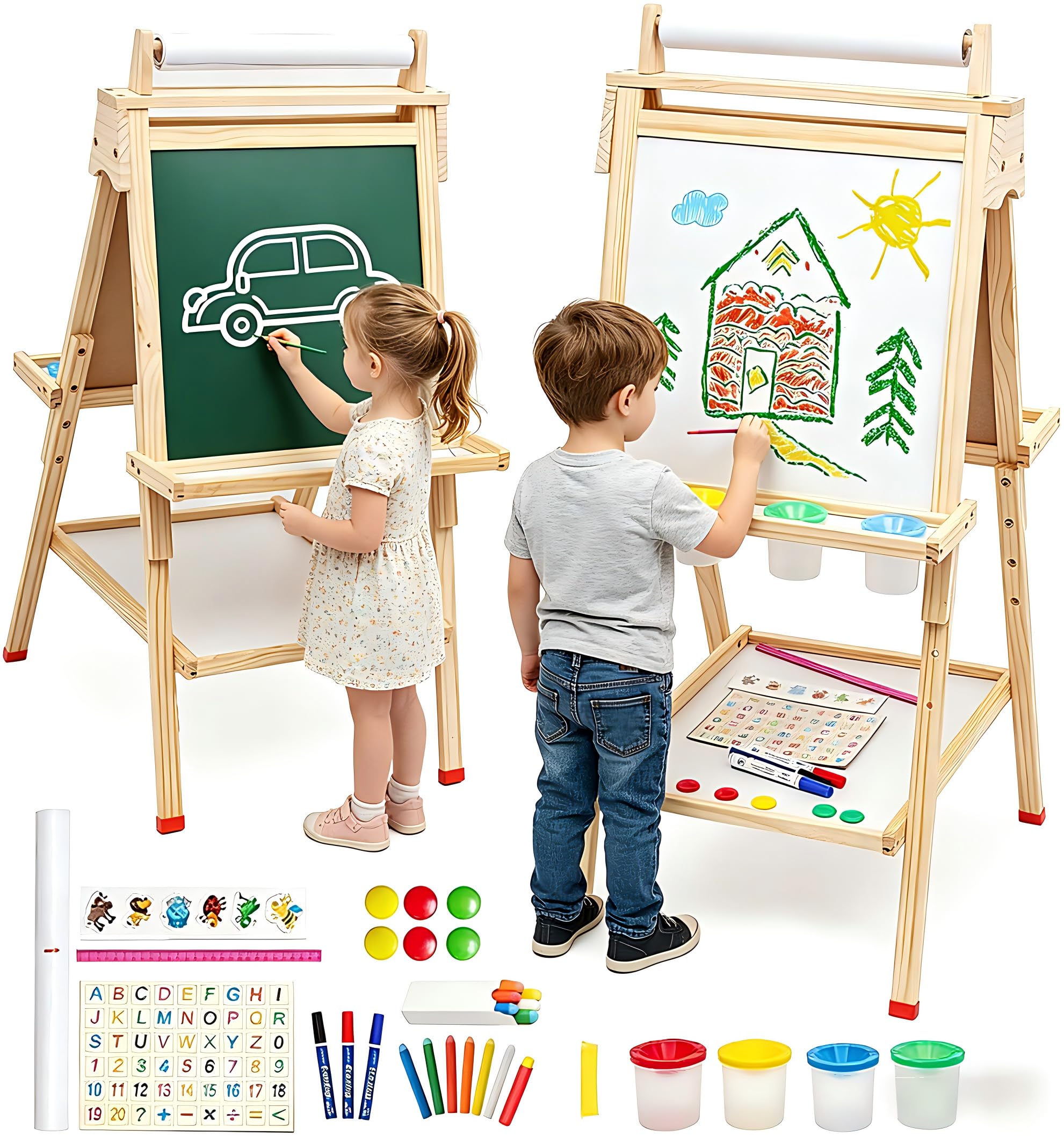 Kids Easel 3 in 1 Double Sided Chalkboard Whiteboard with Paper Roll Wooden Art Easel Mini Painting Board Standing Easel Height Adjustable with Storage Tray Letters Numbers and Other Accessories