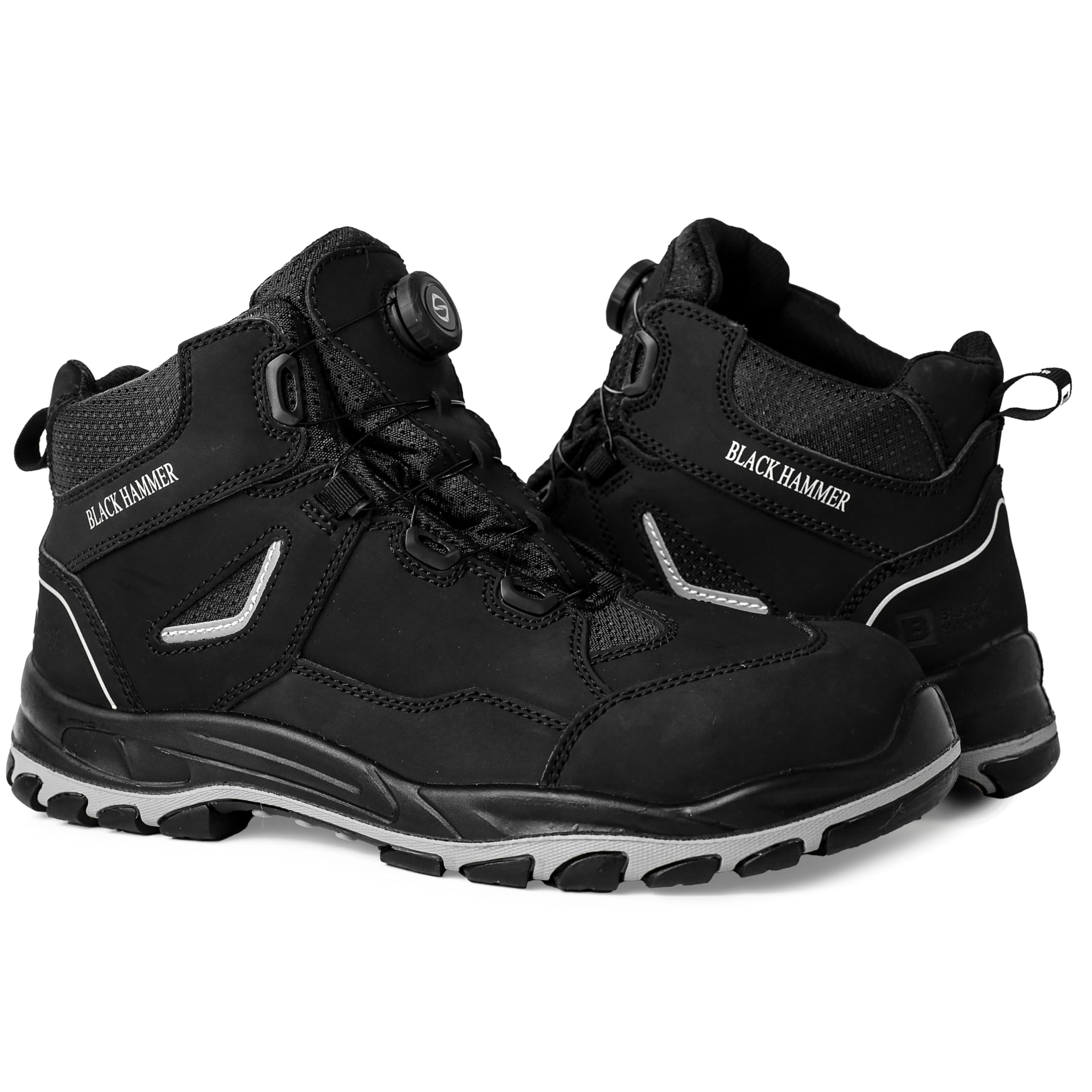 Męskie Buty Robocze Black Hammer Zamsz Nosek z WWłókna szklanego, wytrzymała podeszwa środkowa, wkładka z pianki memory, system sznurowania BOA - obuwie robocze S3 PL SR FO 8899 (48 EU)