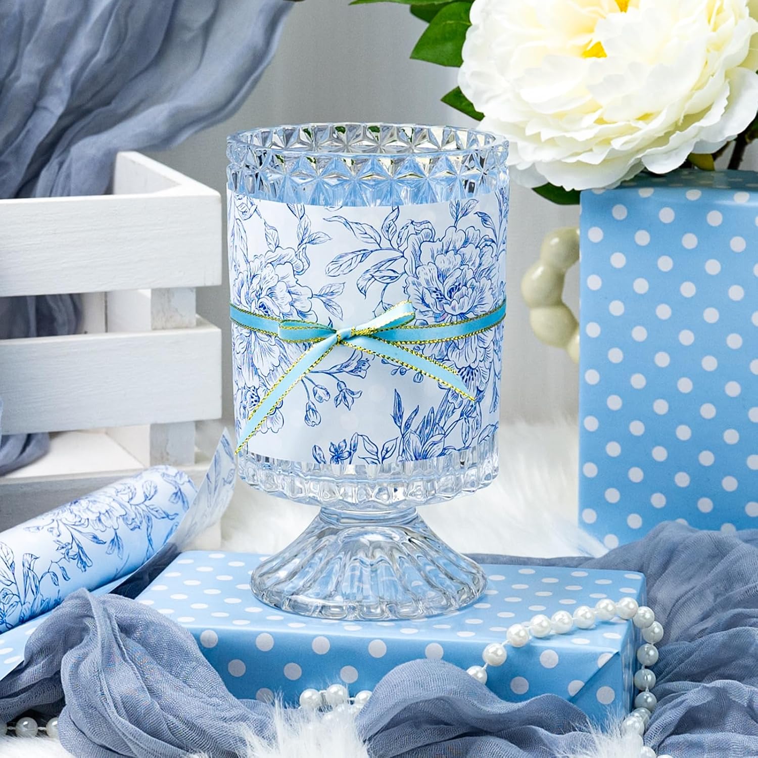 Burymento Blue and White Porcelain Flower Wrapping Paper, Reversible Blue Dot Design Gift Wrap for Baby Shower, Birthday, Valentines, Mothers day, Graduation, Wedding, Fathers day, Christmas (17 Inch X 32.8 Feet) image 3