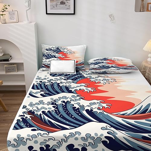 Miniatura 3 de Juego de sábanas de ondas japonesas tamaño Queen, sábanas de cama Hokusai, microfibra suave, bolsillo profundo, sábanas y fundas de almohada, 4