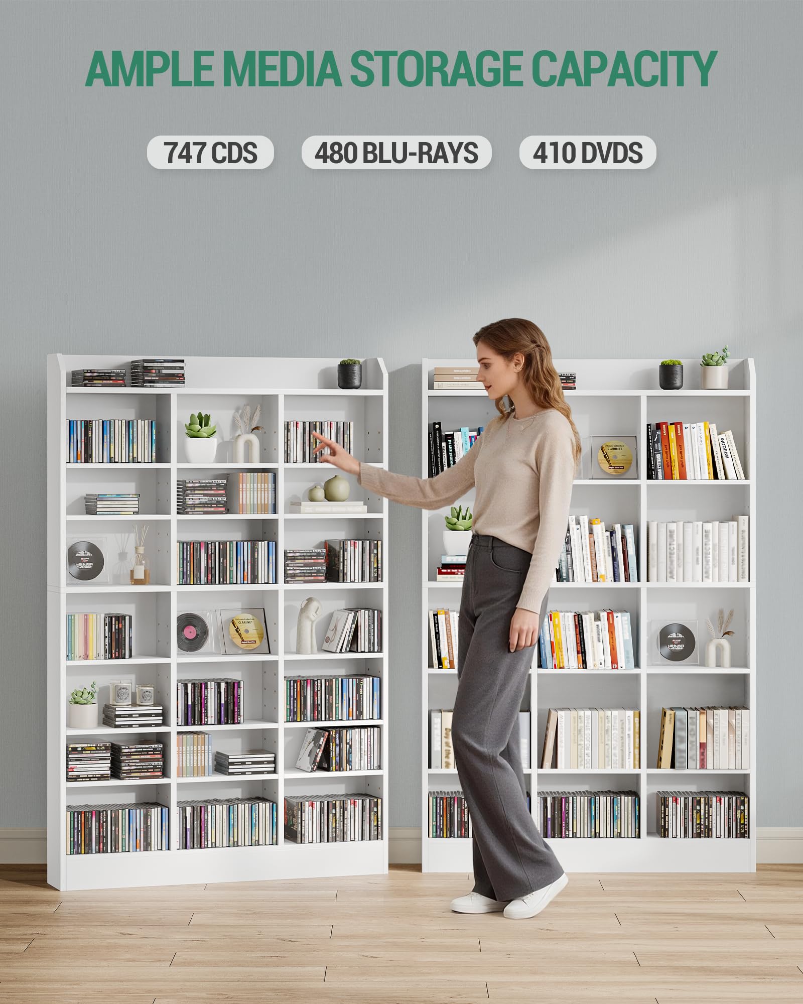 Hzuaneri CD Regal, DVD Regal, 8-stufiges offenes CD Ständer mit 15 verstellbaren Böden, Manga Regal, geeignet für Wohnzimmer und Arbeitszimmer, 17 x 100 x 154,5 cm, Weiß CR18003X