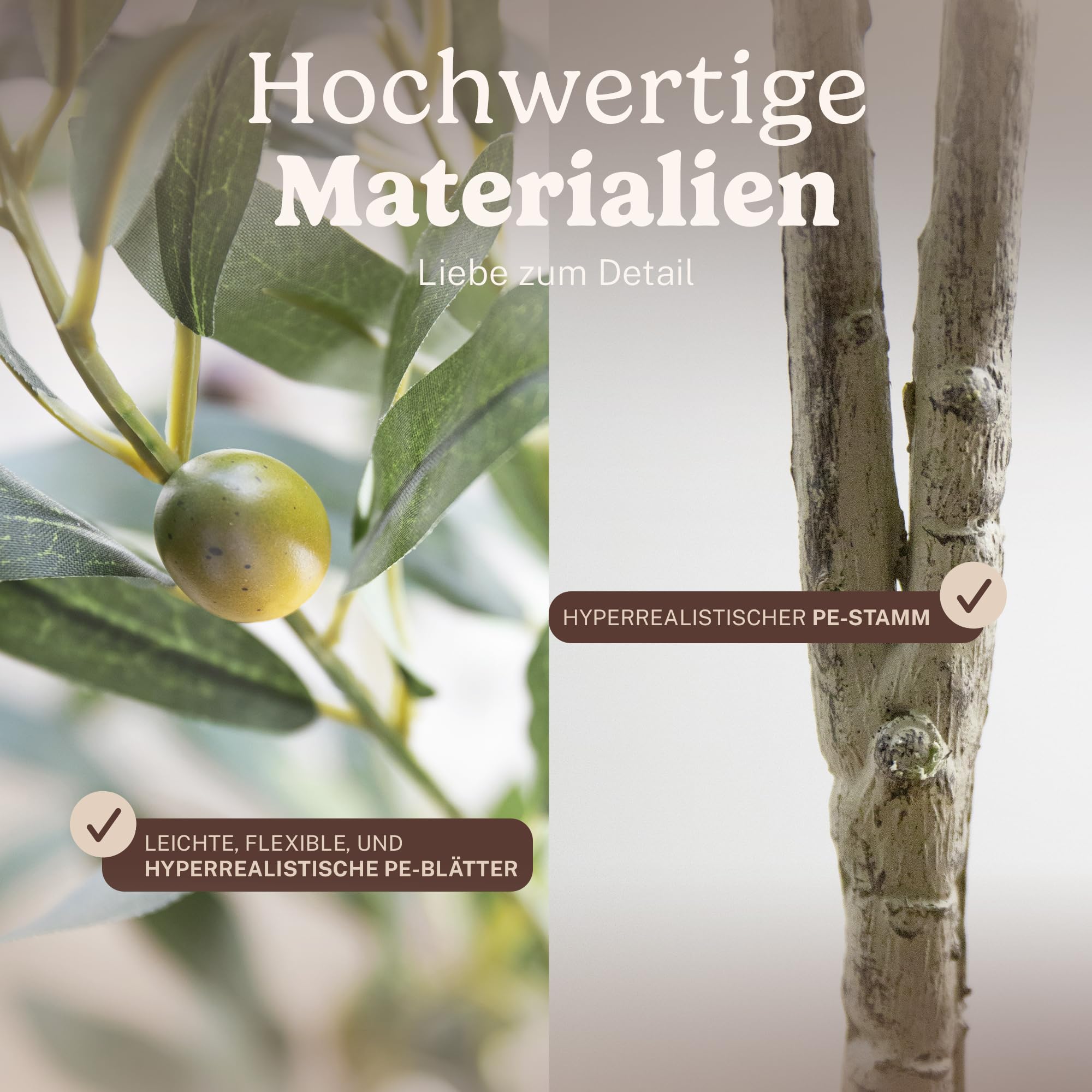 MAIA SHOP Olivenbaum Künstlich Flair 180 cm - Kunstbaum wie Echt | Künstlicher Olivenbaum mit Naturholzstamm und Oliven für Wohnzimmer Flur Büro - Schwarzer Topf Inklusive