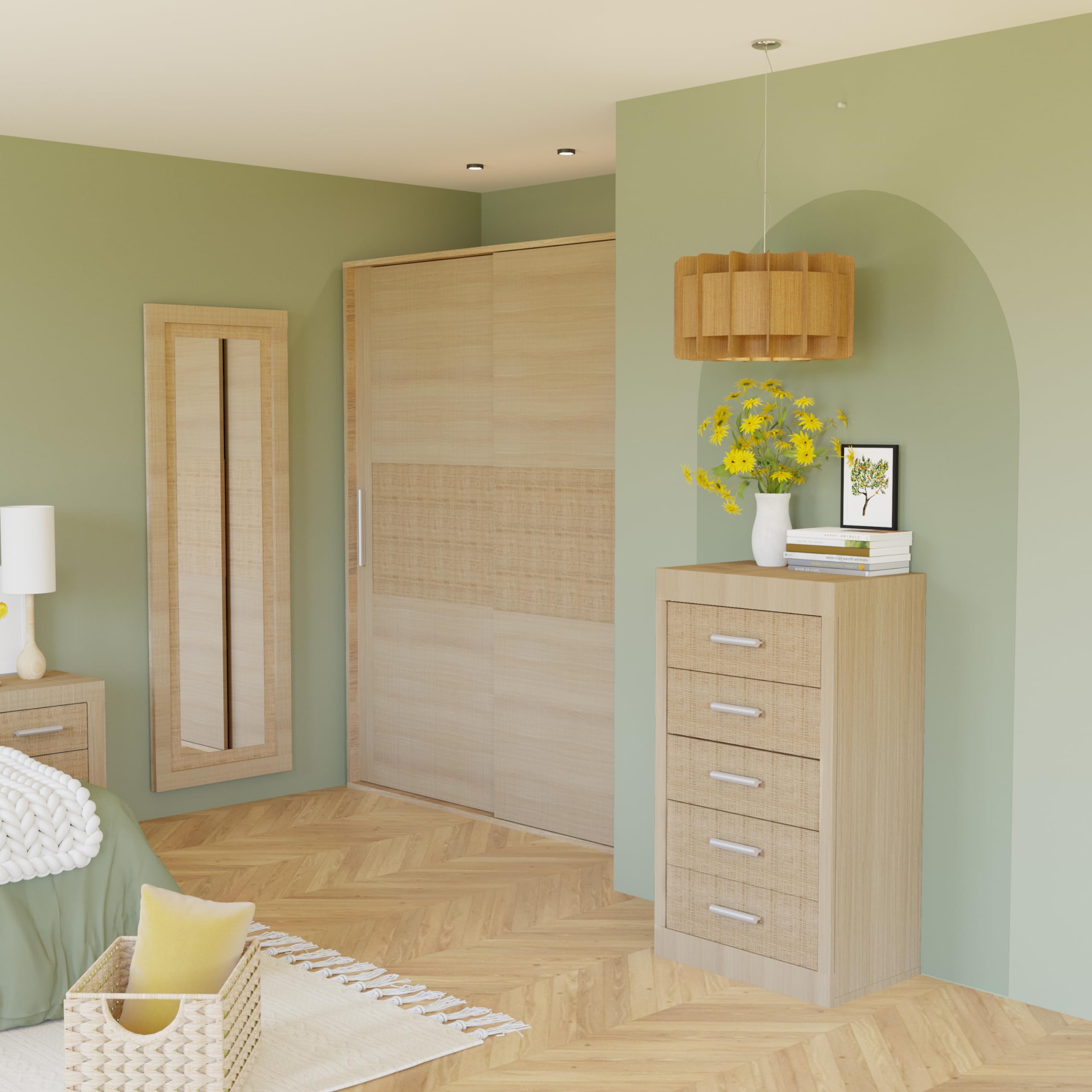 duehome | Pack de Dormitorio con Cabecero + 2 mesitas de Noche + Sinfonier + Espejo + Armario y Cajonera Interior, Dormitorio Completo, Modelo Kira 5c Plus, Acabado en Tofe y Textil