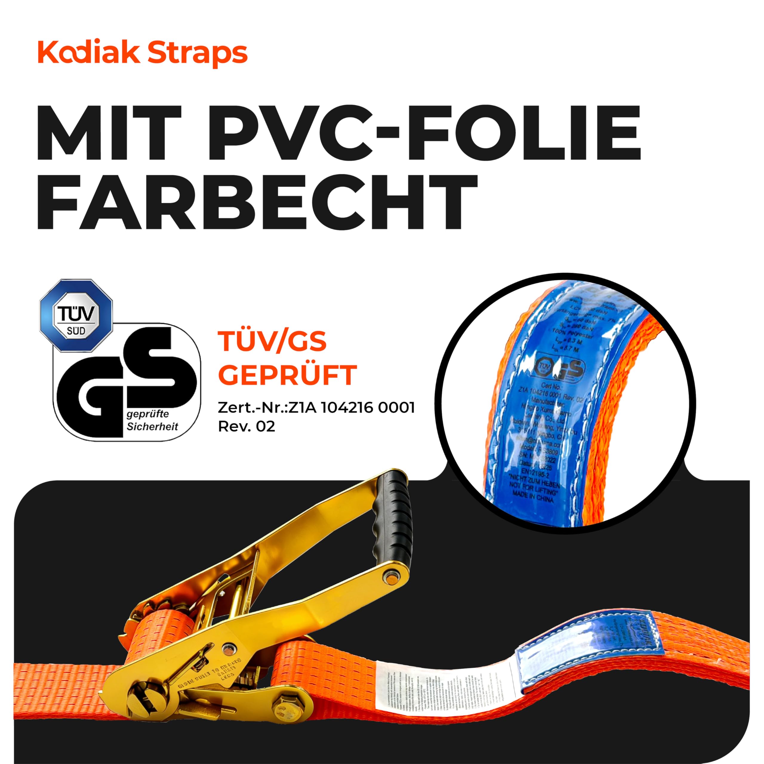 8 Stück Spanngurte 8m x 5000kg mit Ratsche und Haken - 50mm Zurrgurte mit Ratsche - Orange Ratschengurt für Ladungssicherung - TÜV/GS geprüft nach DIN EN 12195-2 - KODIAK STRAPS