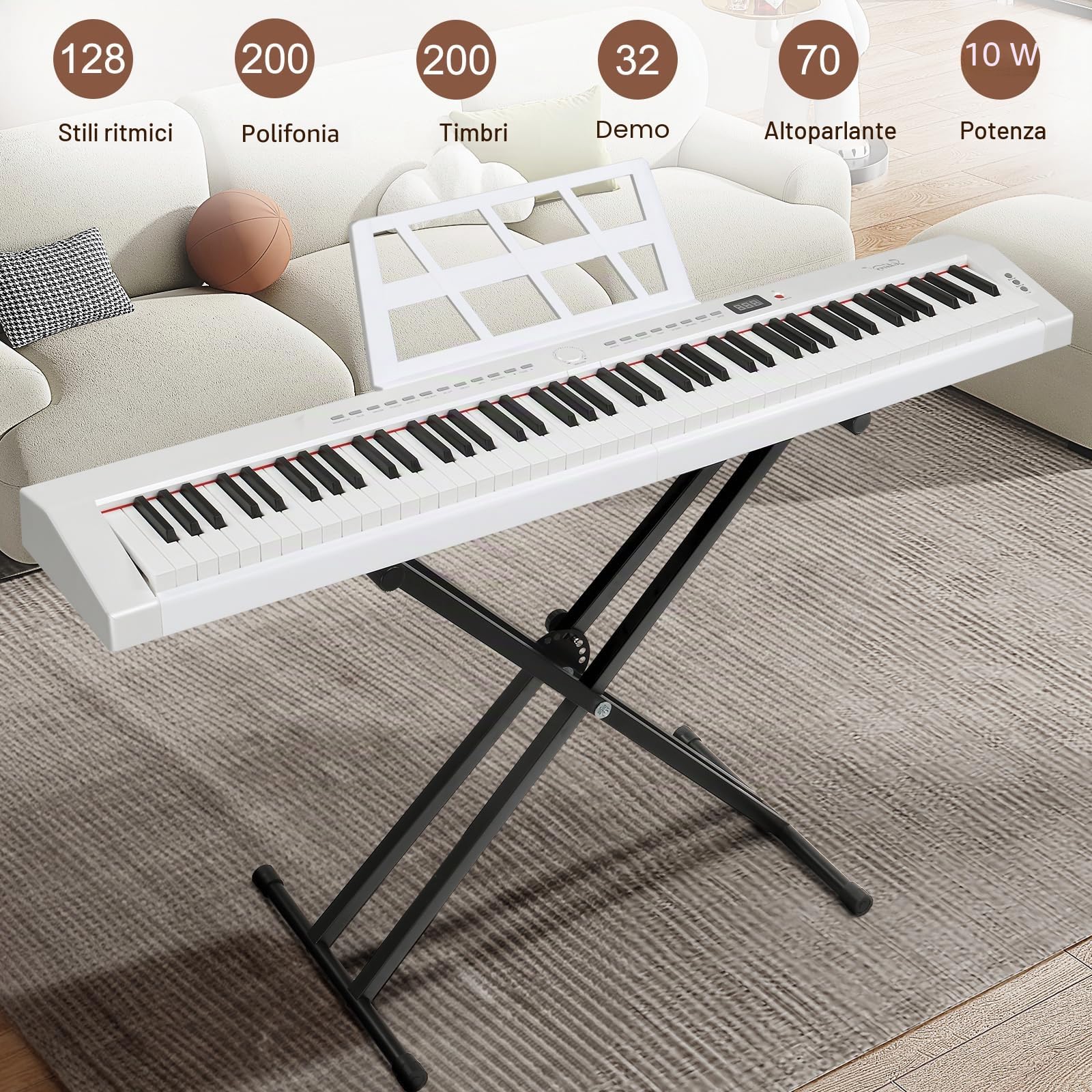 LEADZM 88 tasti semi-ponderati Digital Piano, tastiera elettronica con doppio tubo a forma di X, supporto Bluetooth MIDI, supporto per spartiti, pedale Sustain, cuffie (bianco)