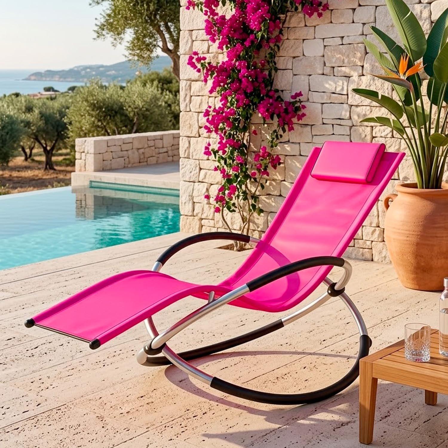 Poltrona Basculante Sdraio A Dondolo Da Giardino Con Poggiatesta Removibile In Textilene Traspirante Telaio In Metallo Ergonomica Relax Piscina Terrazzo Outdoor 73 x 150 x 93 Cm Fuxia