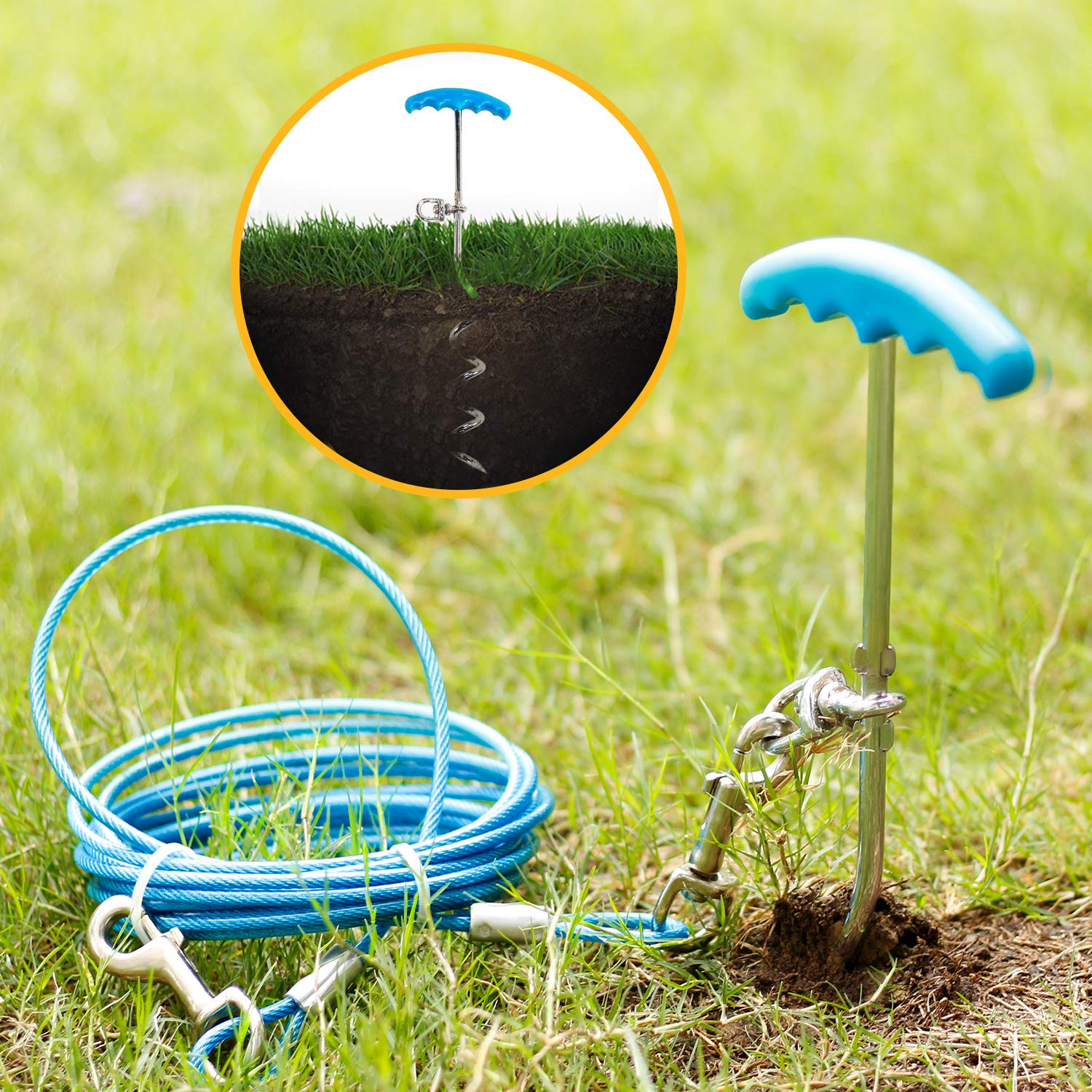Petphabt Piquet pour chien et câble d'attache robuste avec piquet en spirale de 40,6 cm pour chiot et animal domestique Bleu sarcelle 10 m