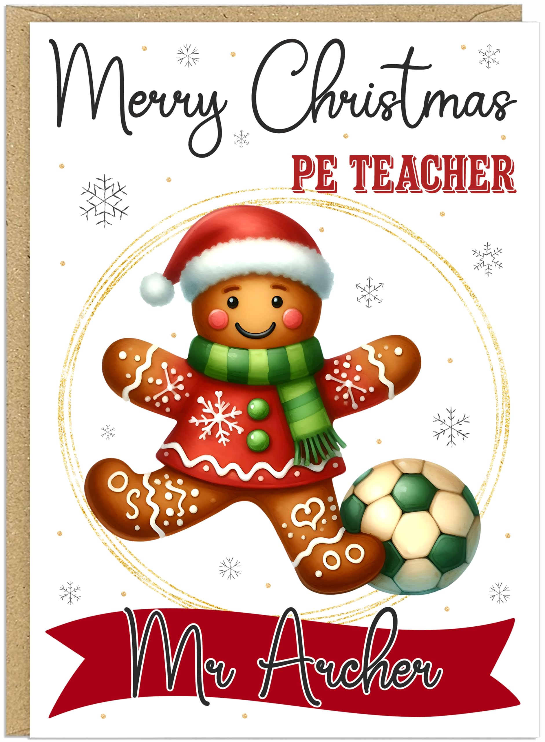 Personalised Gingerbread Christmas Cards for Teachers from Parents Students Colleagues - Own Name School Professions A5 Thank You Cards (Art Maths PE Science Music & More) (PE Teacher)