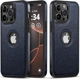 for iPhone 14 Pro Case Luxury Leather Logo Visible Vintage Ultra Slim Protective Cover 2022 6.1 Inch Blue