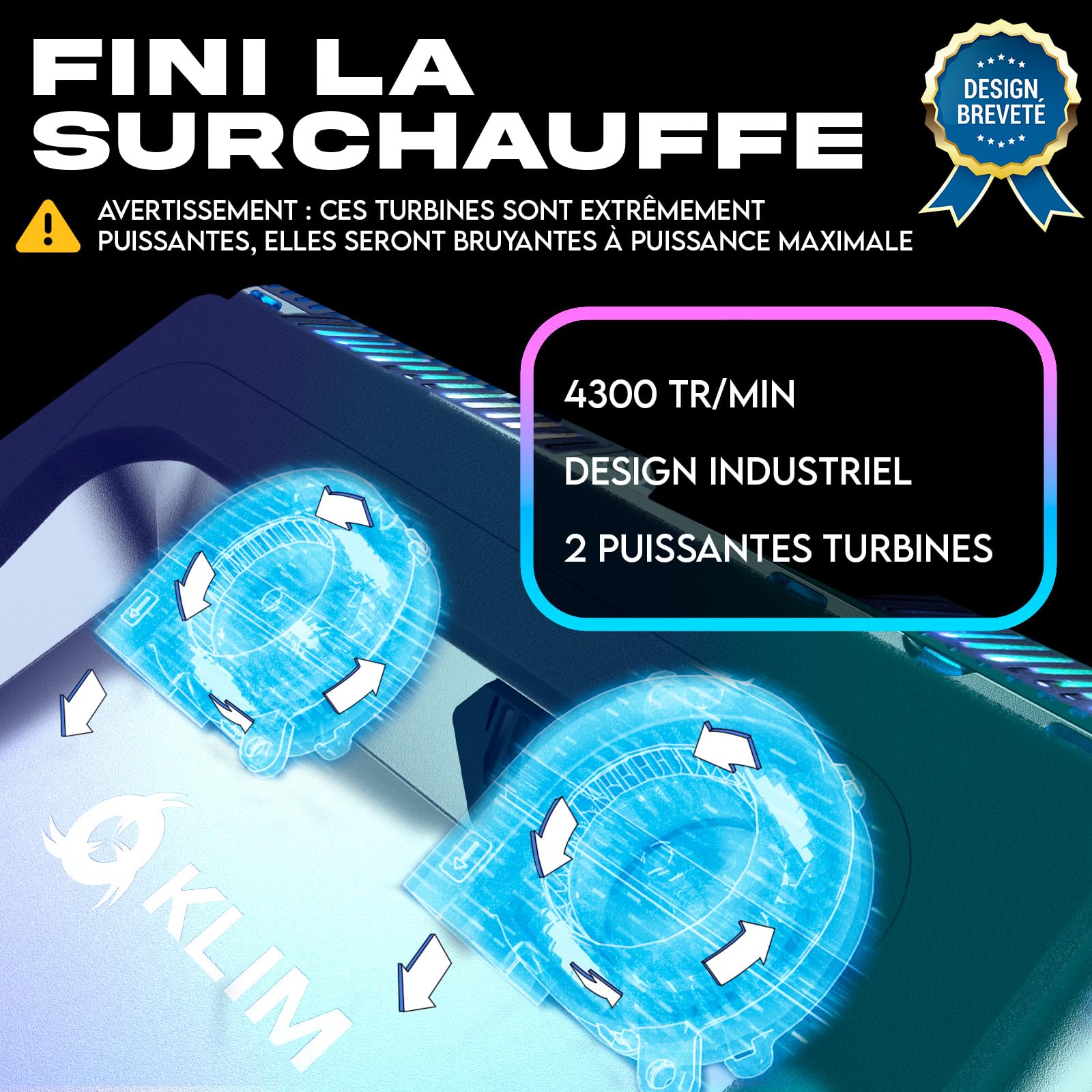 KLIM Everest - Support Ordinateur Portable Ventilé - Nouveauté 2024 - Refroidisseur PC Portable à Turboventilateur (4300 RPM) et Mousse Isolante - pour PC de 14-17,3"