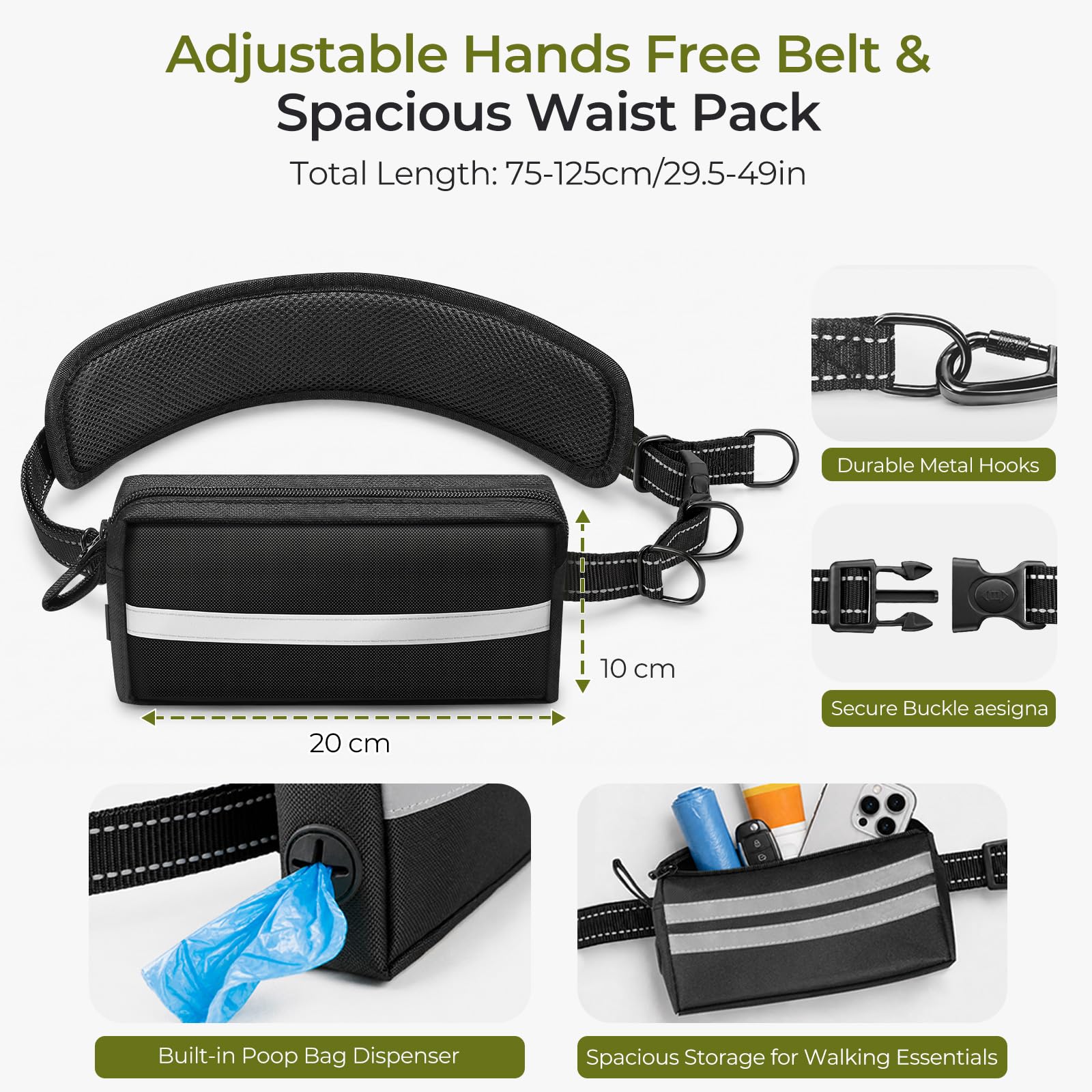 Gimars Laisse Canicross Chien pour 2 Chiens avec Ceinture Réglable et Sac Banane, Double Laisse Élastique Antichoc Anti-Fuite avec Poignées Réfléchissantes pour Promenade, Chiens 10–50 kg