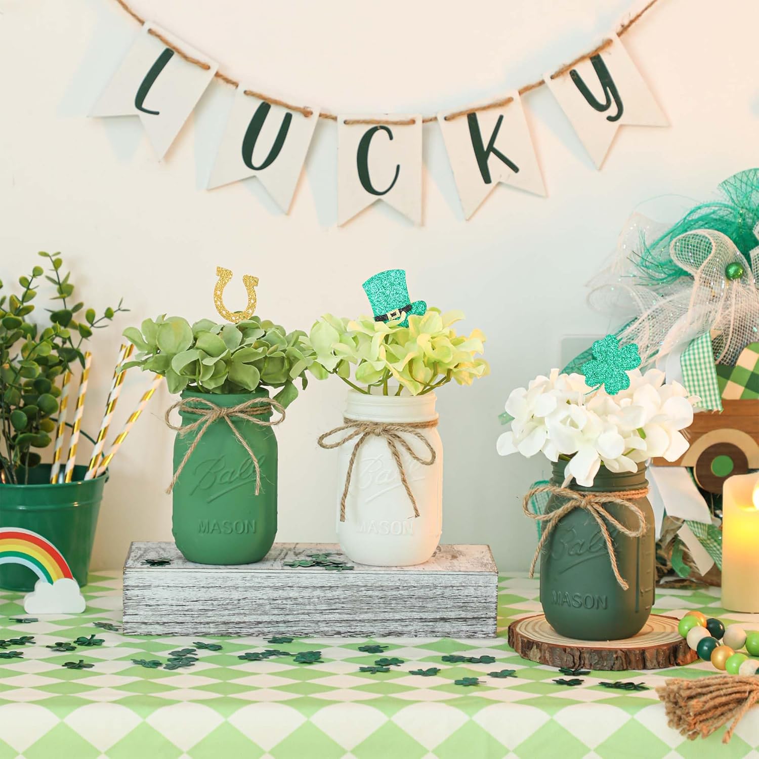 St Patricks Day Mason Jar Decorations, Green Mason Jar Centerpiece for Table with Wood Tray & Flowers, Set of 3 Decorative Jars for St Patrick Green Table Decor, Spring Decor - Image 2