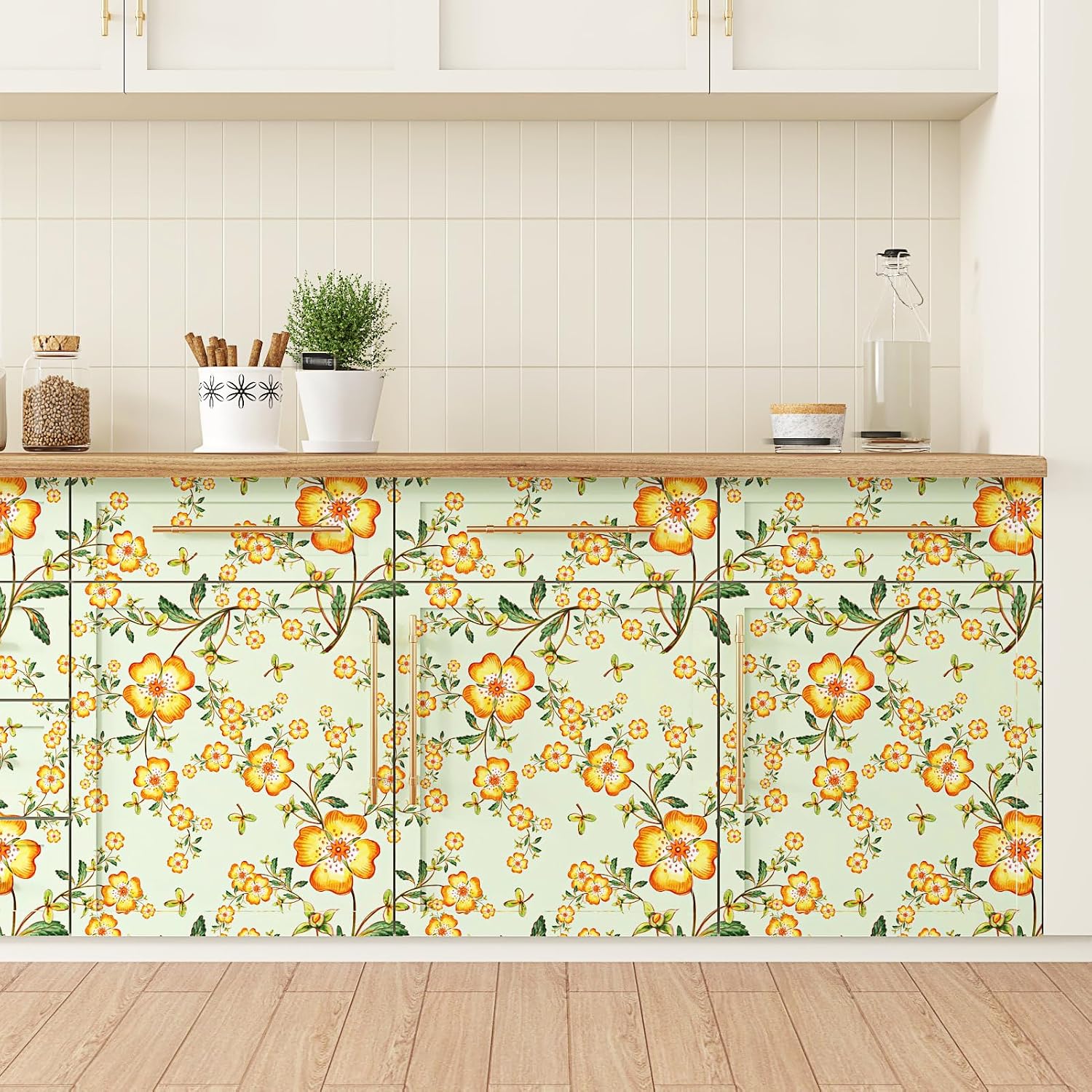 24"x118" Yellow Floral Wallpaper Peel and Stick Floral Contact Paper for Cabinets Walls Flower Wallpaper for Bedroom Bathroom emovable Botanical Contact Paper Mural Vinyl Roll