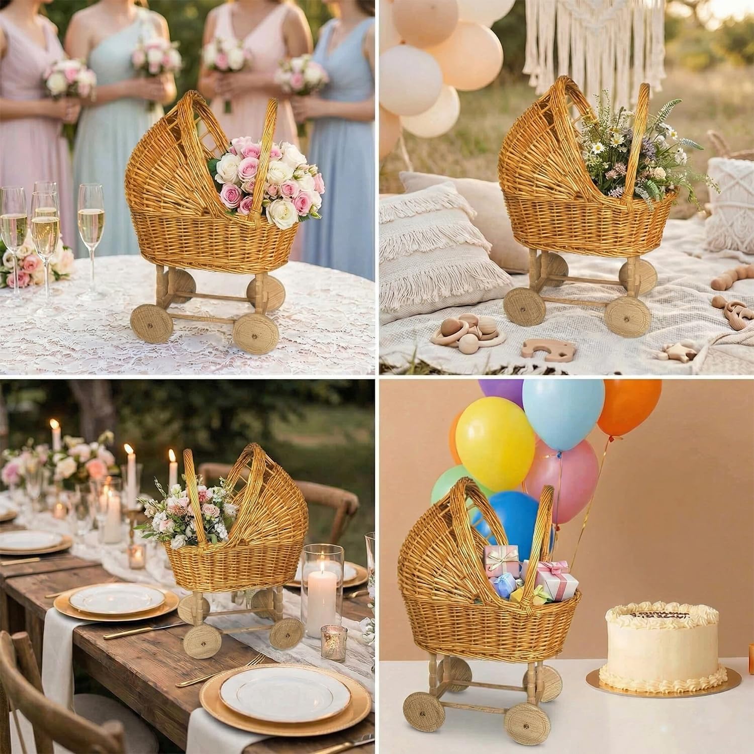 Wicker Carriage,Woven Rattan Stroller Shaped Flower Basket,Natural Willow Branches，Used for Welcoming Infants, Wedding Parties, Home Decor, Floral Decoration