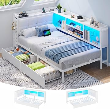 Brinlawb 3ft Single Bed Frame with Upholstered Headboard, Charging Station 2 AC Sockets, 2 USB Ports and LED Lights, Single Bed with Storage, 2 Drawers, Reversible Left/Right Hand Assembly, White