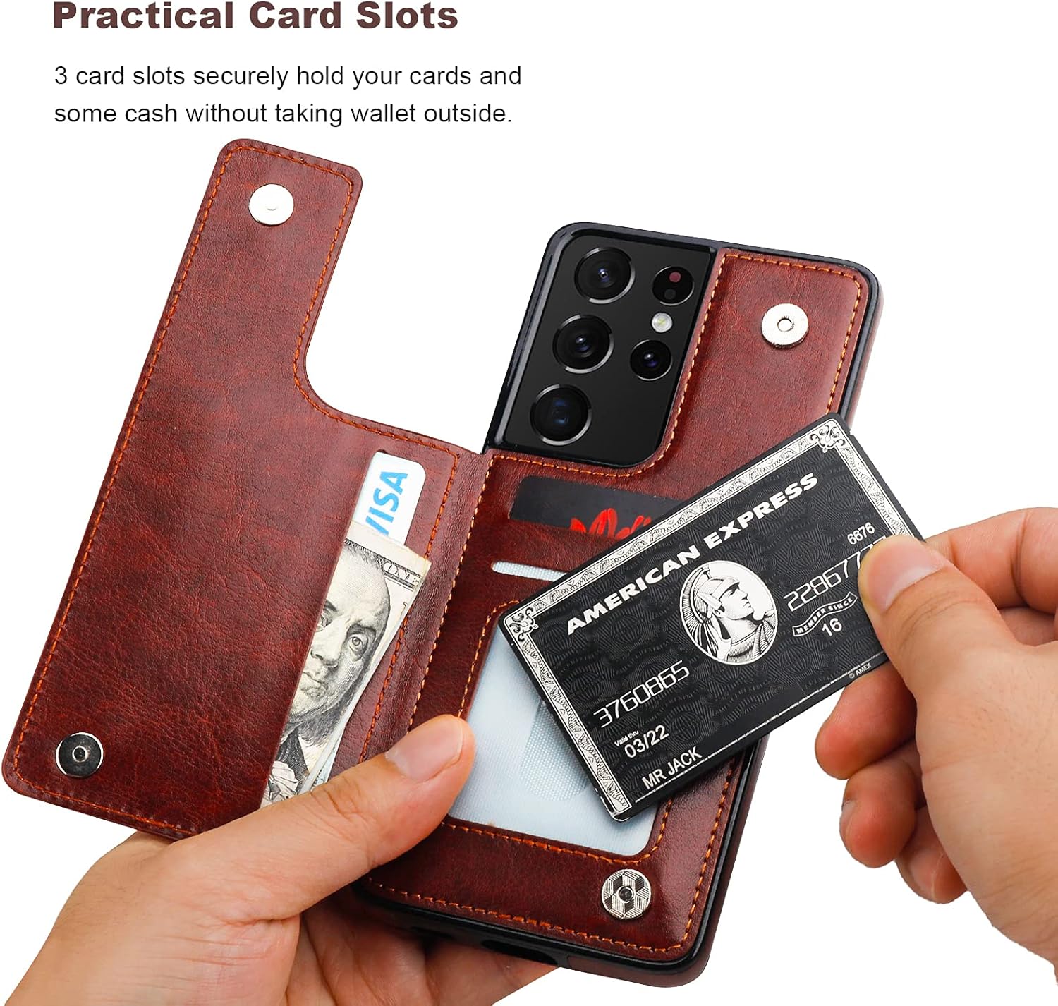 ONETOP Compatible with Samsung Galaxy S21 Ultra Wallet Case with Card Holder, PU Leather Kickstand Card Slots Case, Double Magnetic Clasp and Durable Shockproof Cover 5G 6.8 Inch(Brown)