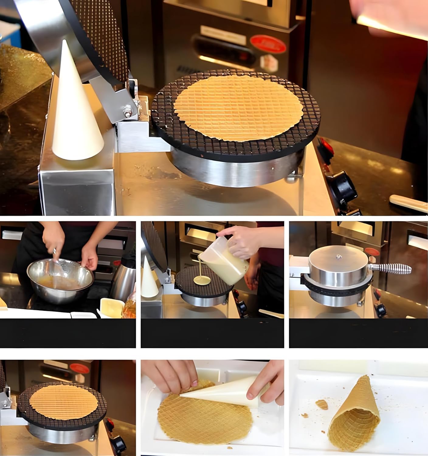 Nonstick Double Ice Cream Cone Maker with Time & Temperature Dual Control 110V Commercial Ice Cream Cone Maker with Shaper Roller Temperature Adjustable 50-250℃