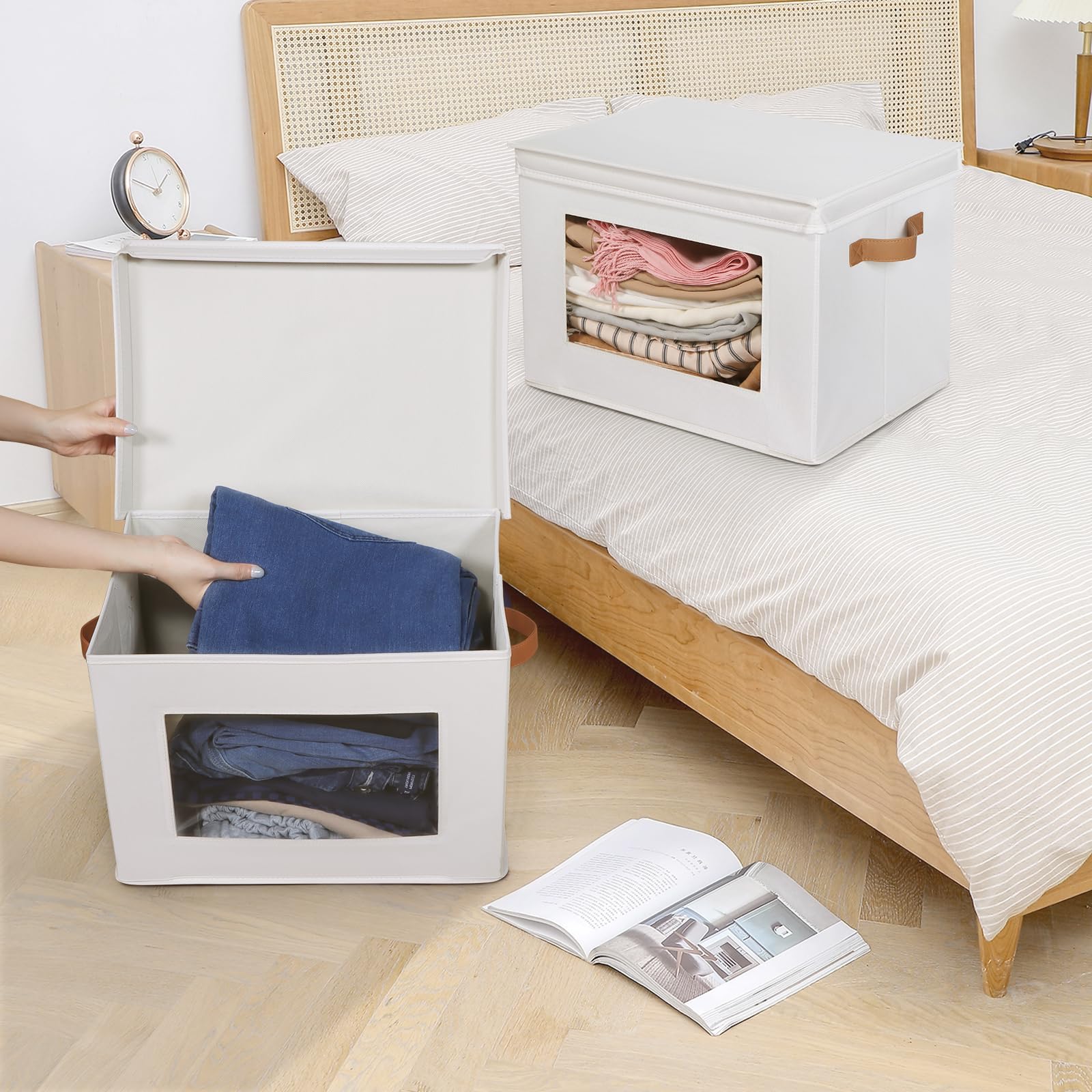 Univivi Aufbewahrungsboxen mit Deckel, Stoff, faltbarer Aufbewahrungsbehälter für Kleidung, [3er-Pack] Schrank-Organizer, Behälter mit Griffen für Zuhause, Schlafzimmer, Schrankaufbewahrung (Beige