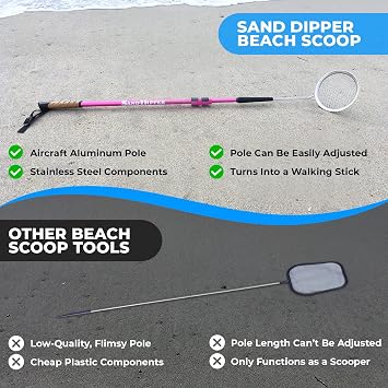 Sand Dipper Full Size Beach Scoop & Sifter with Custom Laser Scribing Adjustable Shovel, Original 4 or Large 6 Basket, Blue or Pink Pole Beachcombing Tool & Walking Stick
