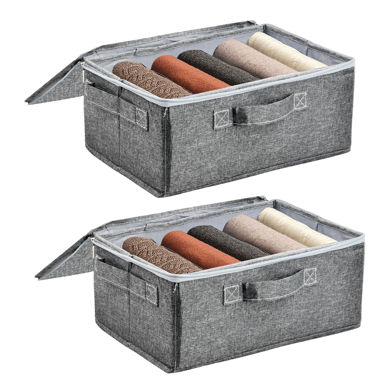 Hnonoxy 2pcs Fabric Storage Baskets Linen, Grey Storage Box with Lid, Organiser Box with Large Capacity, Lockable and Collapsible for Clothes, Toys, Wardrobe, Bedroom Organization -30 x 20 x 14cm