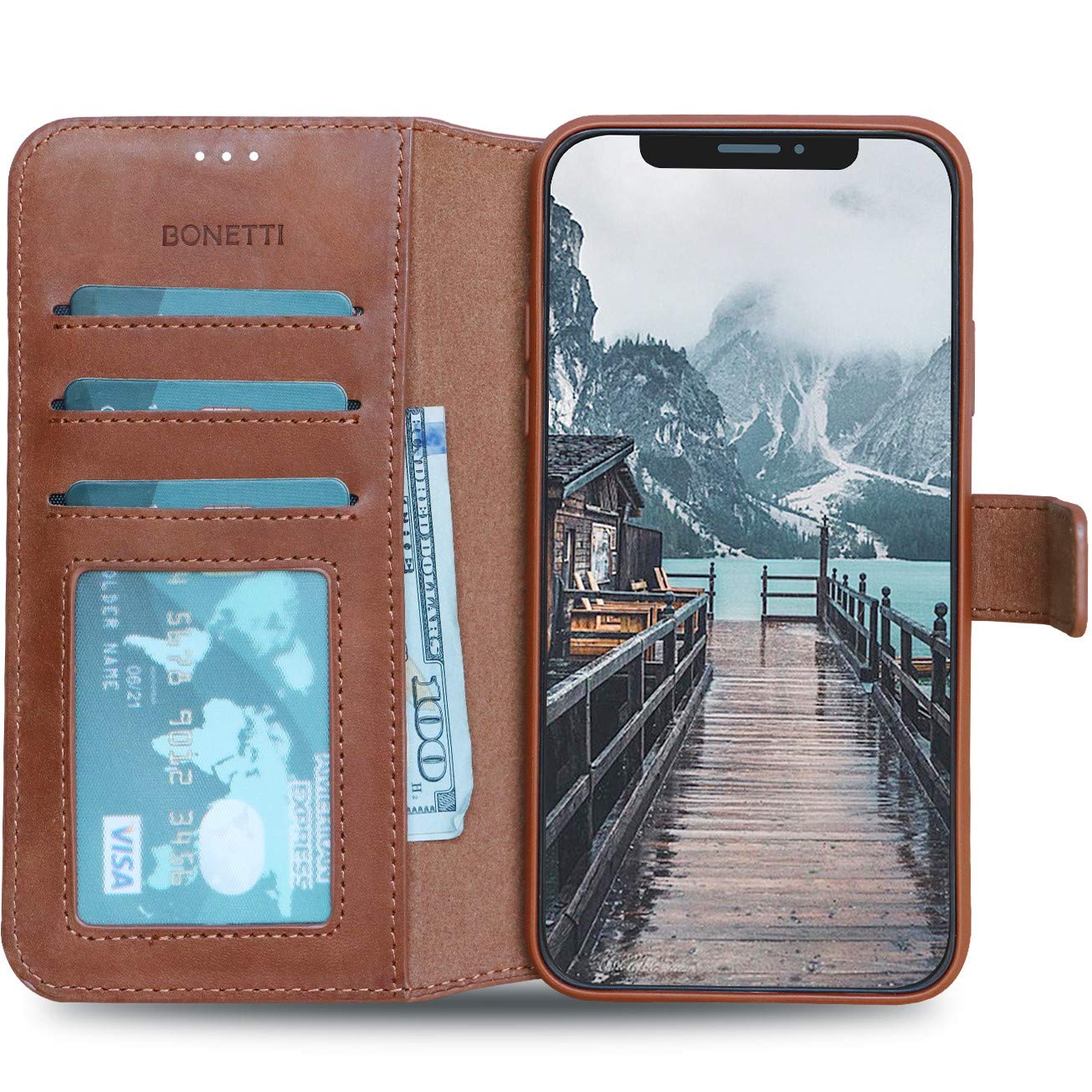 Bonetti Case Genuine Leather Slim Fit Flex Cover with Wallet ID Window Credit Card Slots Shockproof Silicone Protective-Authentic iPhone Cases -Compatible with iPhone X/XS Brown