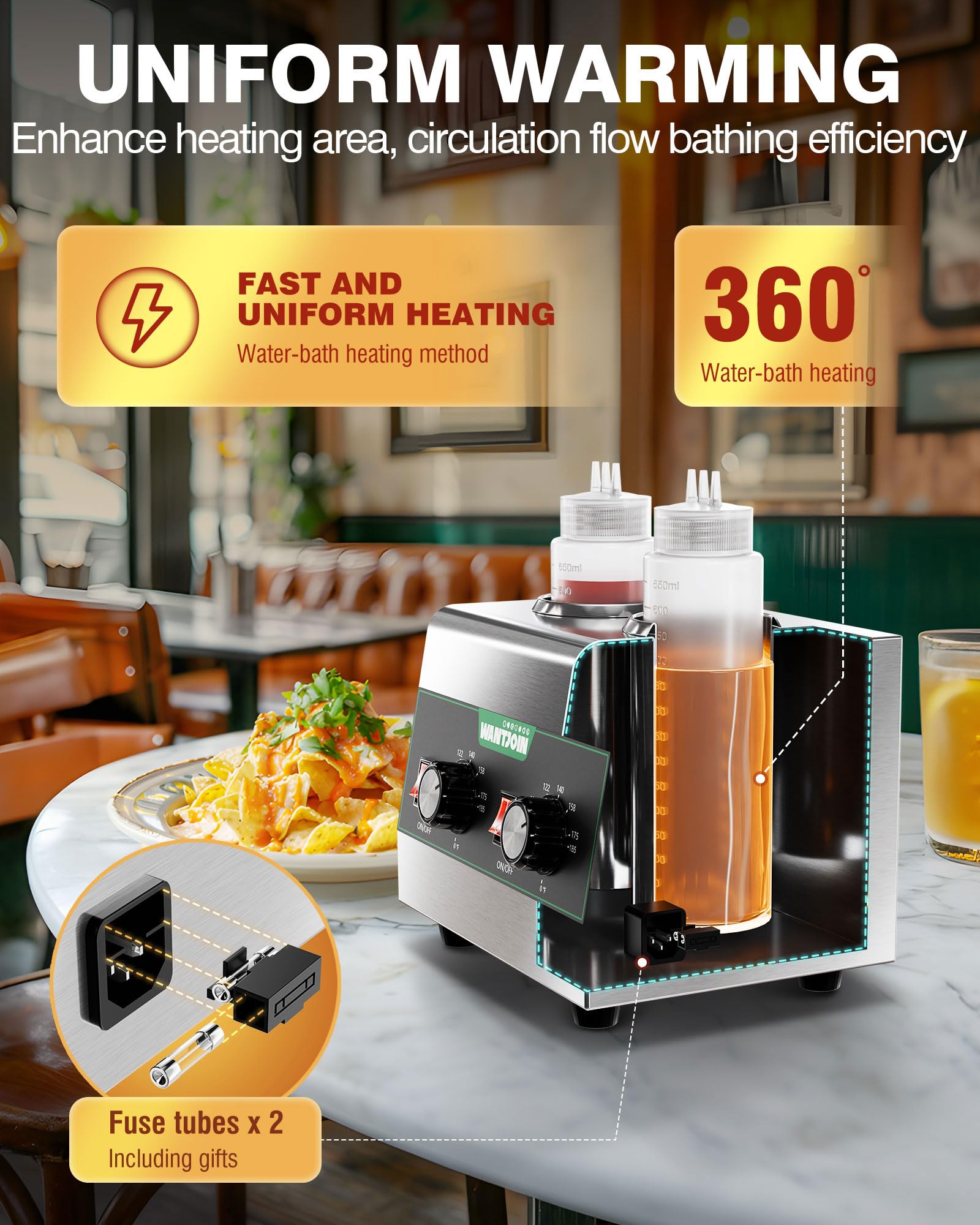 WantJoin Dispensador eléctrico de salsa para encimera, acero inoxidable, máquina de conservación del calor, 320 W, dulce caliente, nachos, queso, ketchup, calentador de chocolate para uso comercial