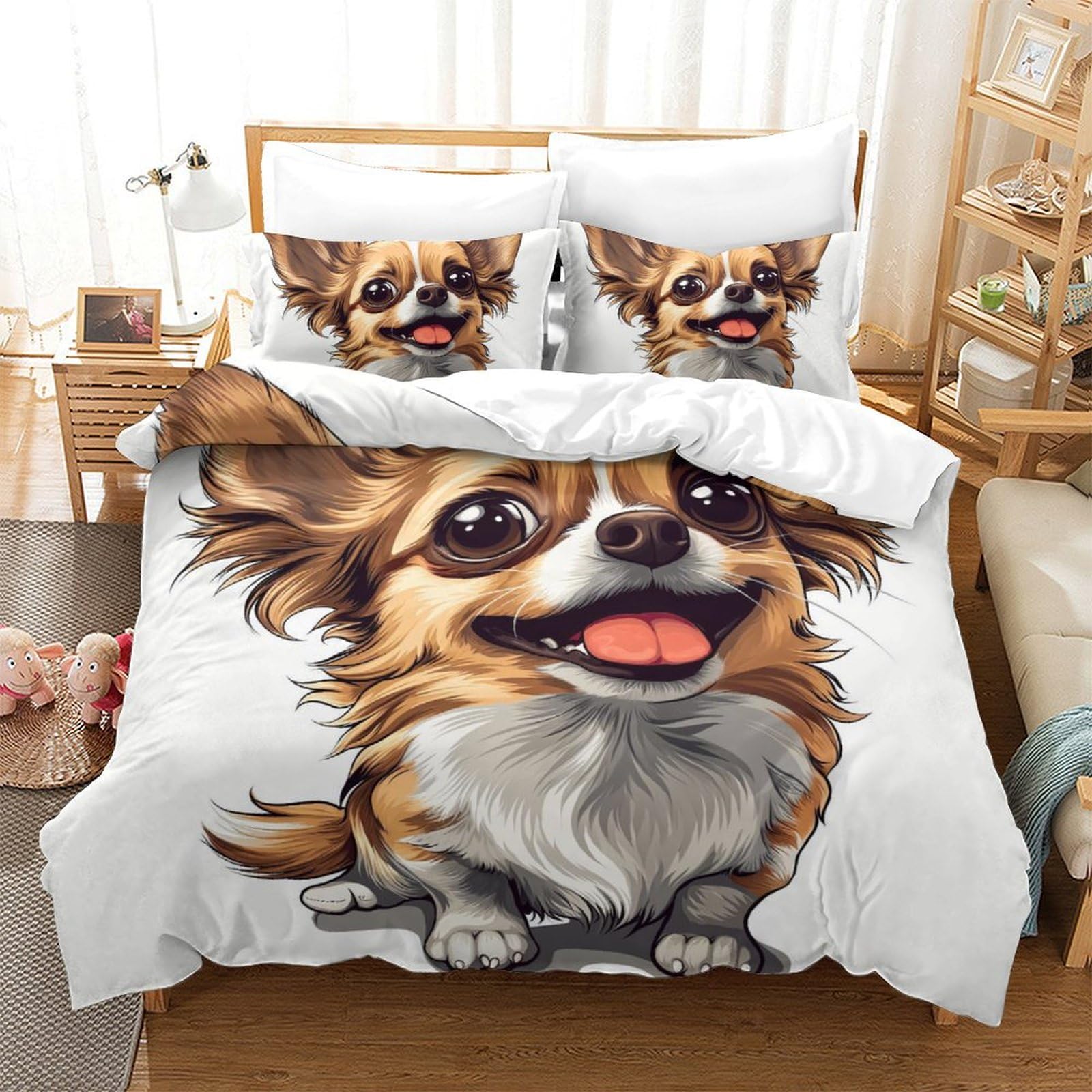 Housse de couette chihuahua 3D pour chambre d'enfant et ado, parure de lit double zippée en tissu