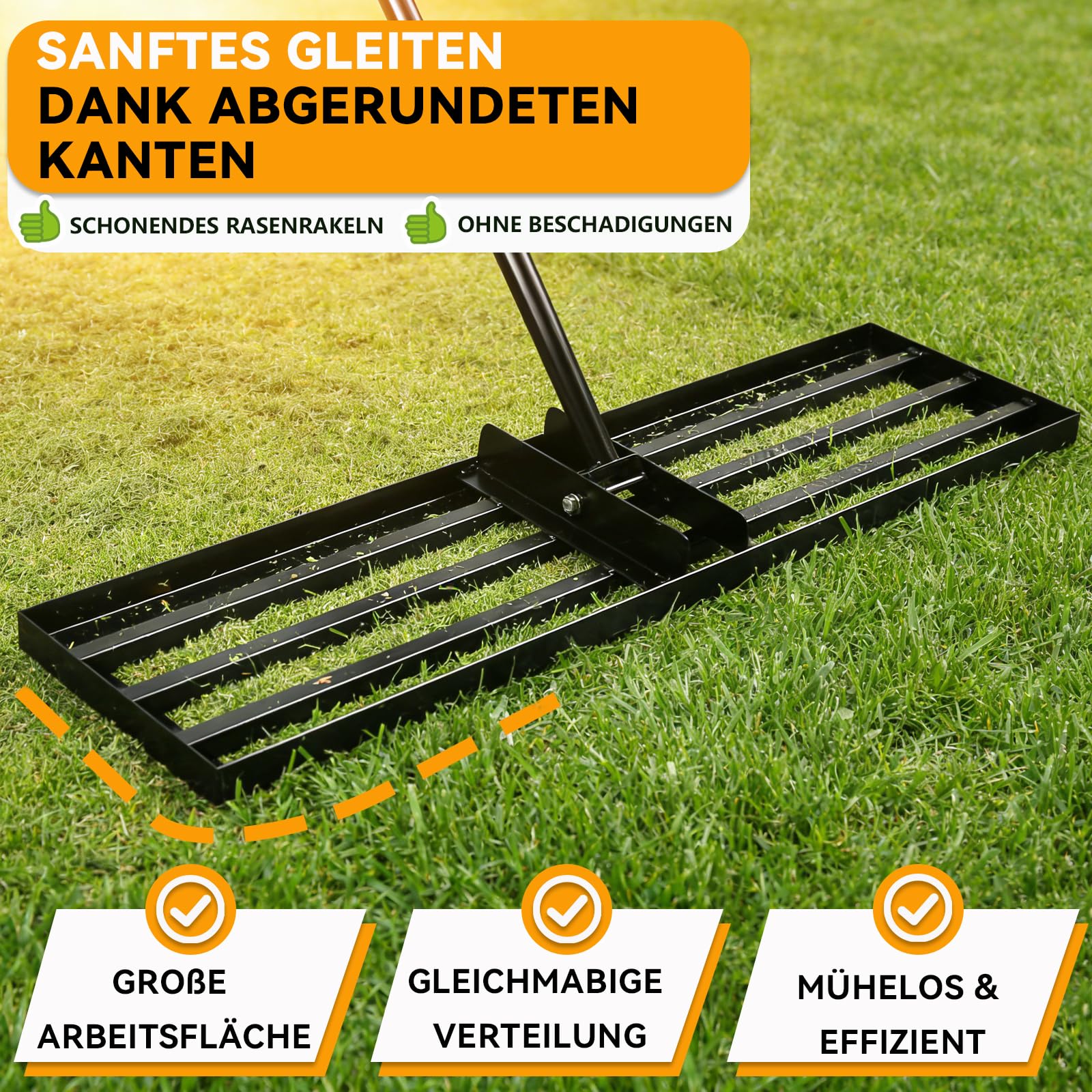 Warmfay Rasenrechen 75x25 cm inkl. 2M Verstellbarem Metallstiel mit Gewinde-Verschraubungssystem, Handlicher & Robuste Rasen Nivellierrechen für Garten, Golfplatz, Rasenpflege, Rasen Sanden