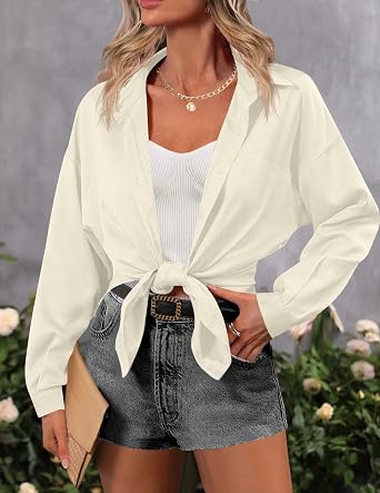 HOTOUCH Women Oversized Button Down Shirts Office Drop Shoulder Blouse Long Sleeve Boyfriend Dress Shirt with Pockets