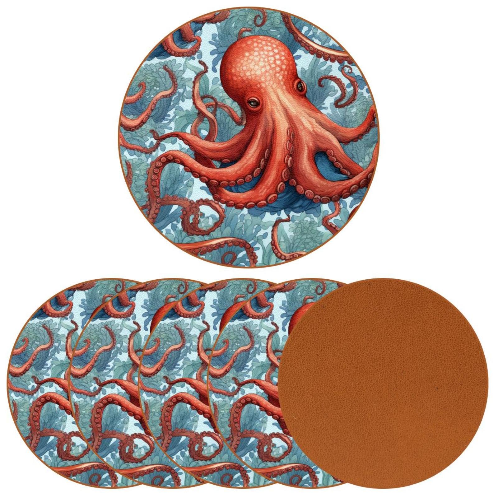Cartoon-Ozean-Oktopus-Untersetzer für Getränke, 6 Stück, Tisch-Schutzmatte für Weingläser, Tassen und Tassen, wiederverwendbar im Büro, Küche, Bar, 10,9 cm