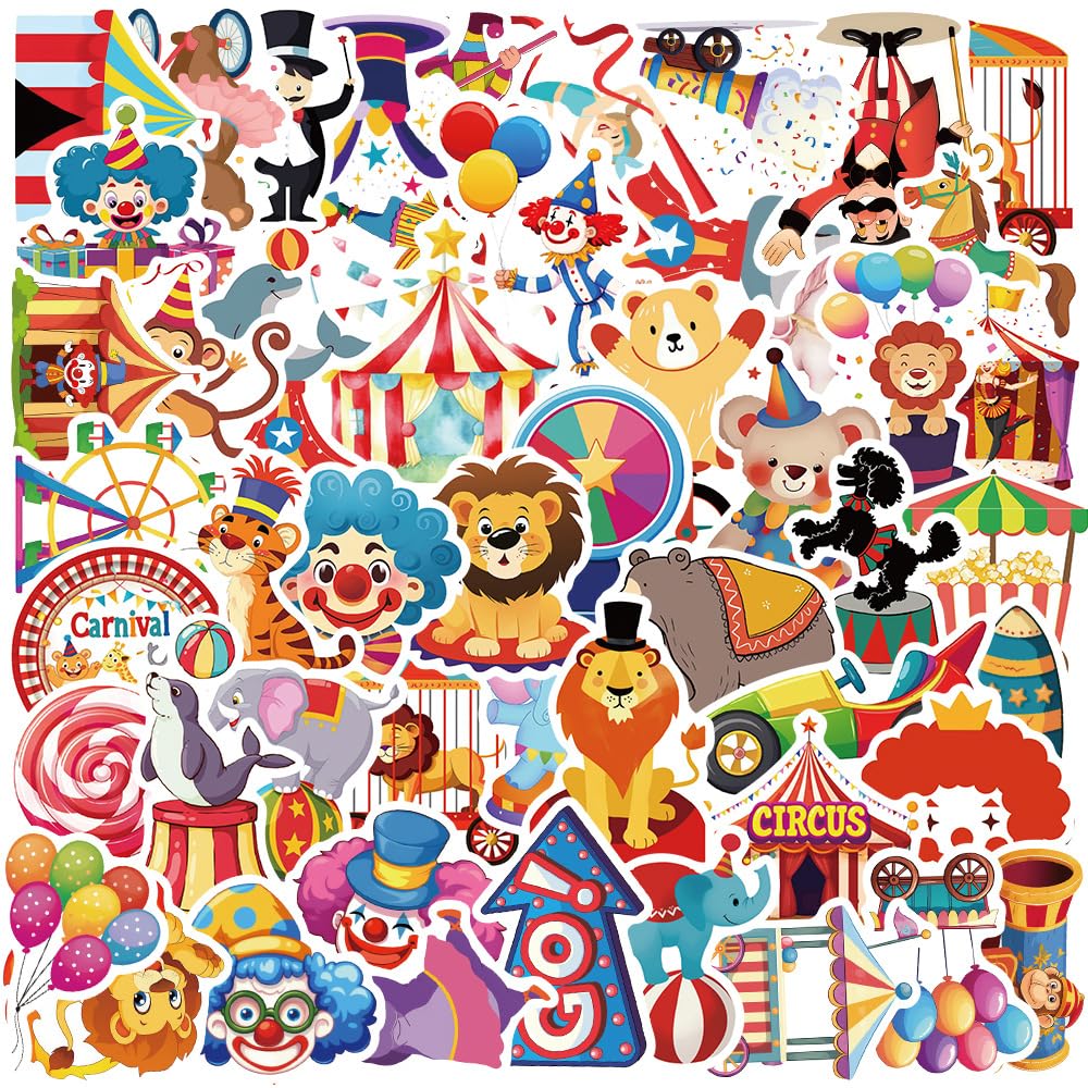 AUCEKO 50PCS Multicolor Cartoon Circus Stickers, Vinyl, Reusable, Waterproof, Glossy Finish, Perfect for Kids & Teens, Outdoor Use