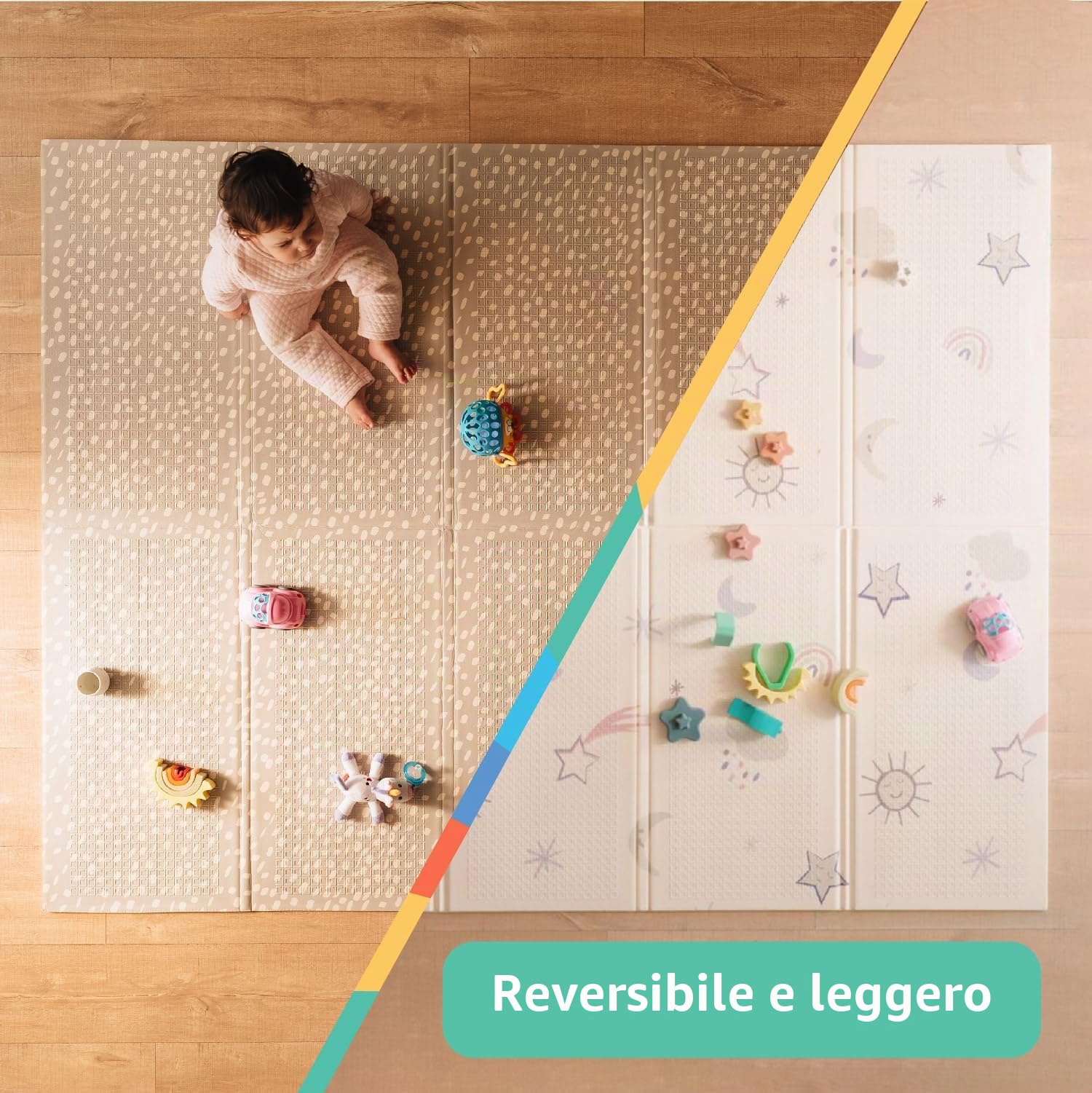 Nuby - Tappeto Gioco Bebè Imbottito Pieghevole e Reversibile - Tappetino Leggero e Morbido per Giocare sul Pavimento - Motivo Stelle e Cielo - Pavimento Imbottito per Bebè - 150x200 cm