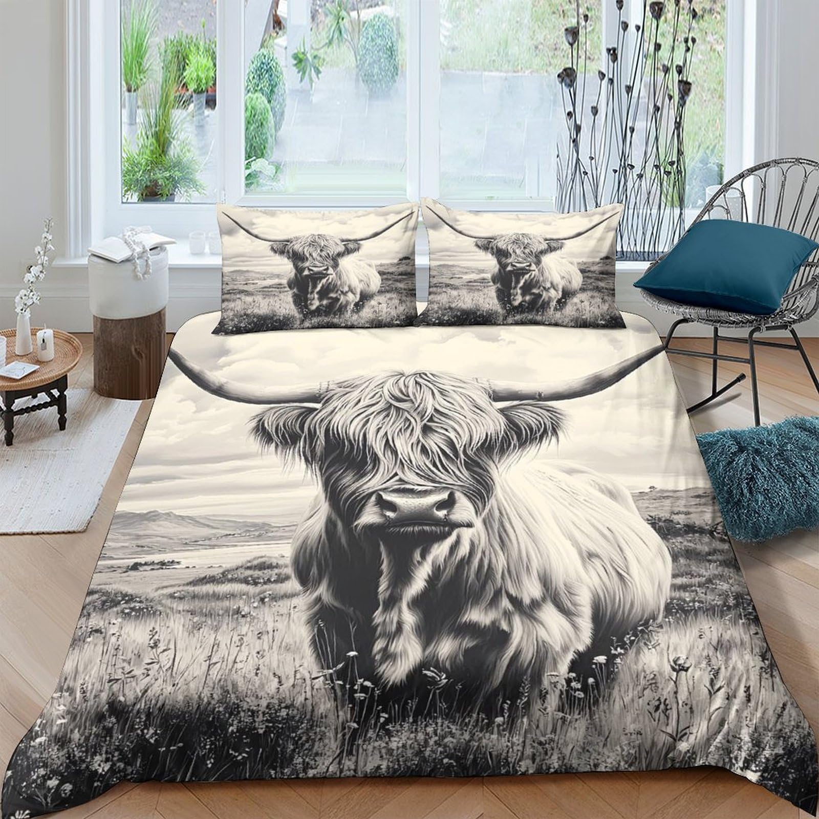 Ctjqhvkz Style-10 3D Printed Highland Cow Fitted Sheet Microfiber Farm Landscape Bed Cover Anti-Slip Bedroom Decor Machine Washable Single（135X200cm）