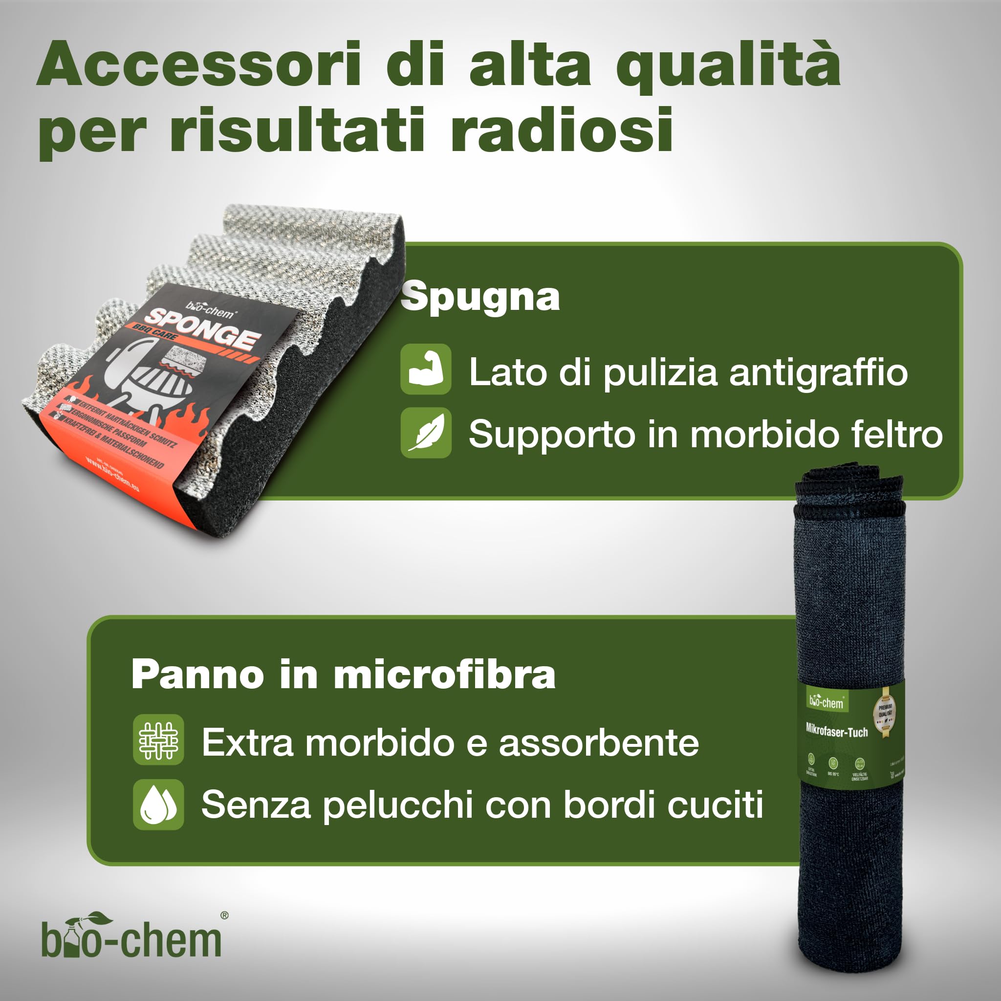 bio-chem Set di 6 prodotti per la pulizia della cucina e del forno | Detergente per forni, padelle e pentole - Prodotti per le superfici della cucina - Panno in microfibra e spugna inclusi