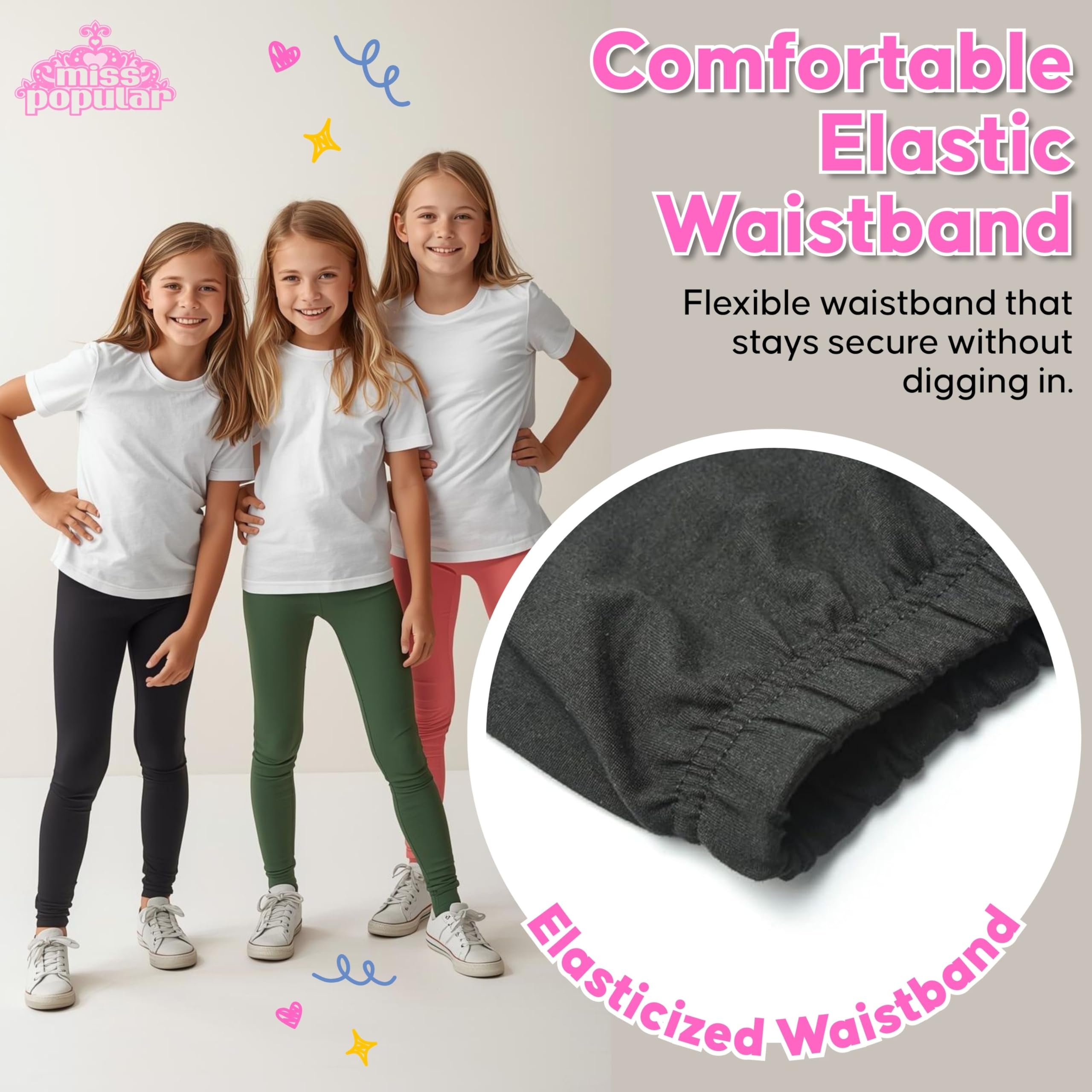 MISS POPULAR 5er-Pack Mädchen-Leggings, Größen 37-44, weiche, bequeme Baumwolle, Spandex, mit elastischem Bund, viele Farben