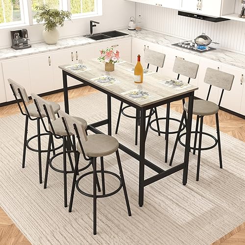 Miniatura 7 de Rovibek Juego de mesa de comedor de 6 piezas, mesa de bar moderna y sillas para 6 mesas y sillas altas, mesas de bar de altura industrial para