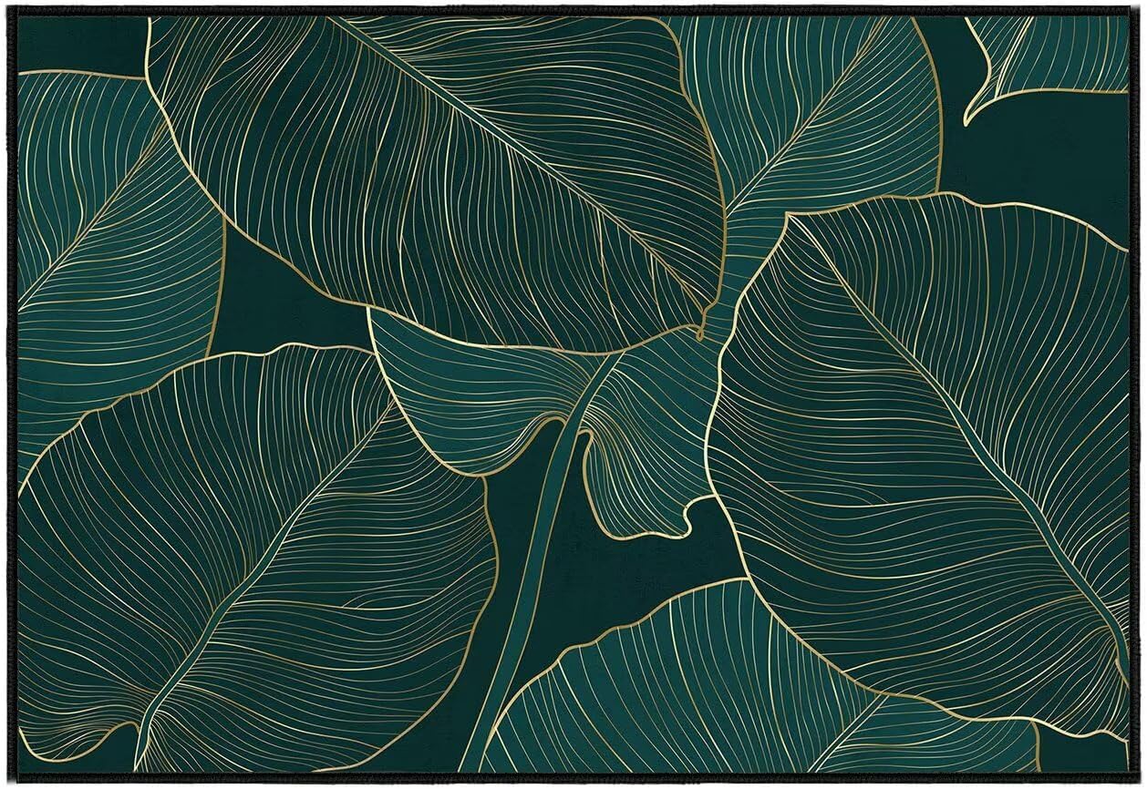 Green Area Rug 5x7 Washable Living Room Rug Tropical Palm Leaves Area Carpet Non Slip Entryway Throw Rugs Ultra-Thin Low Pile Floor Carpets Mat for Bedroom,Dining Room,Laundry,Office,Summer Home Decor