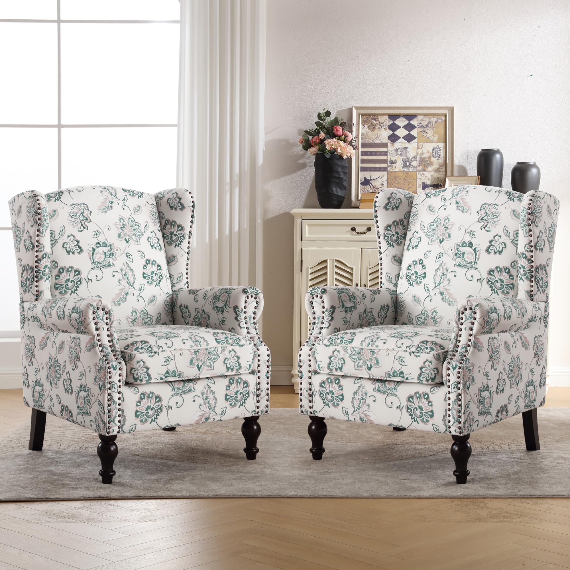 HOMYKA Accent Chair for Living Room, Modern Floral Accent Chair with Arms, Fabric Printed Wingback Armchair with Vintage Legs, Comfy Single Sofa Side